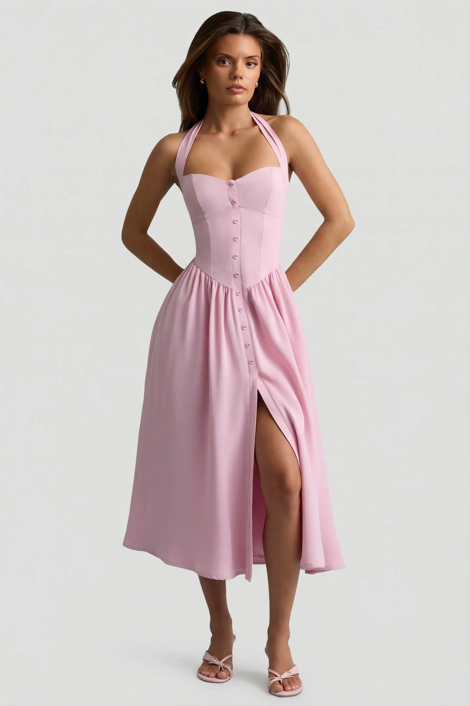 Button-Detail Halterneck Midaxi Dress in Soft Pink