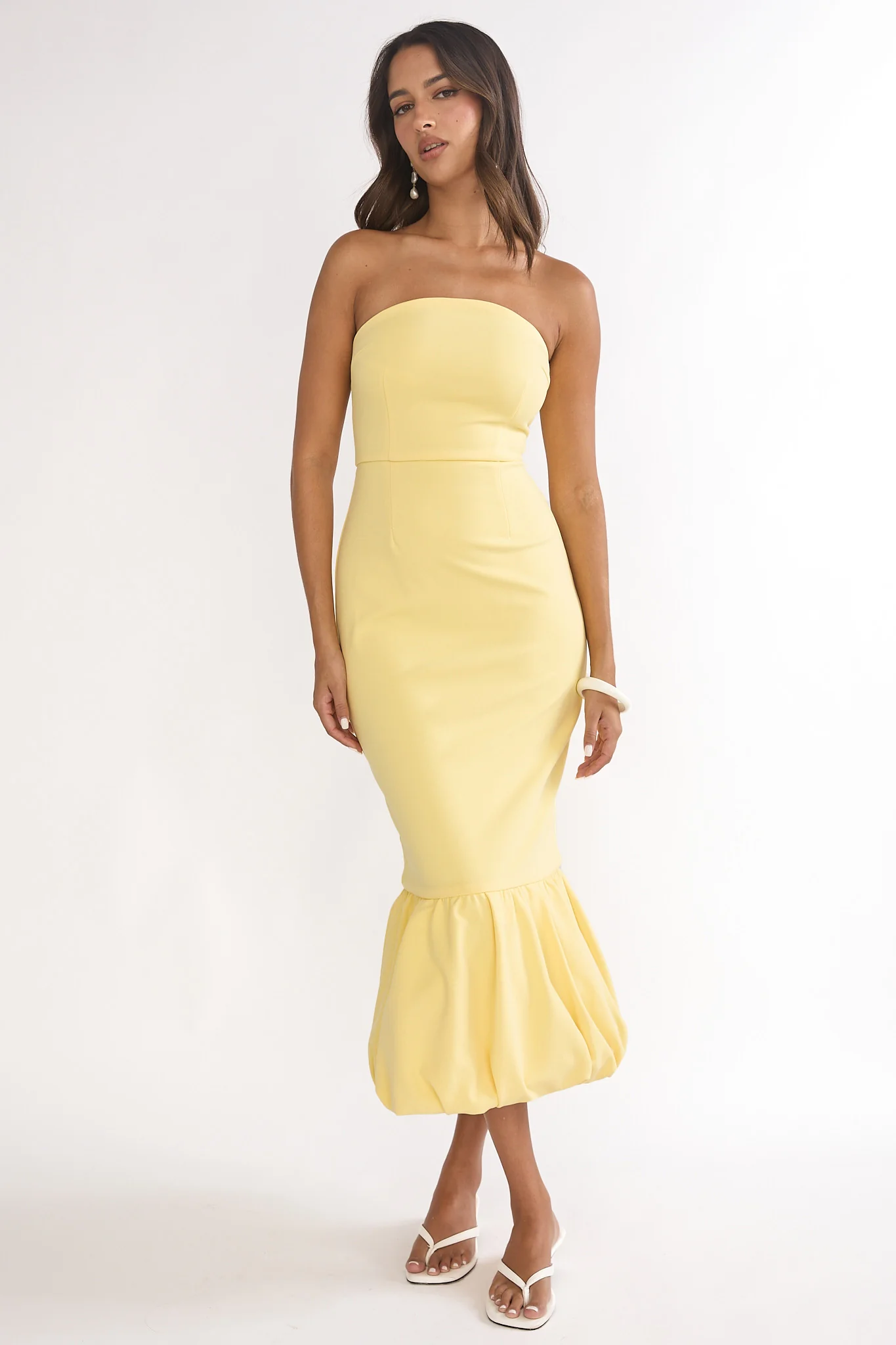 Elira Bubble Hem Strapless Midi Dress Lemon