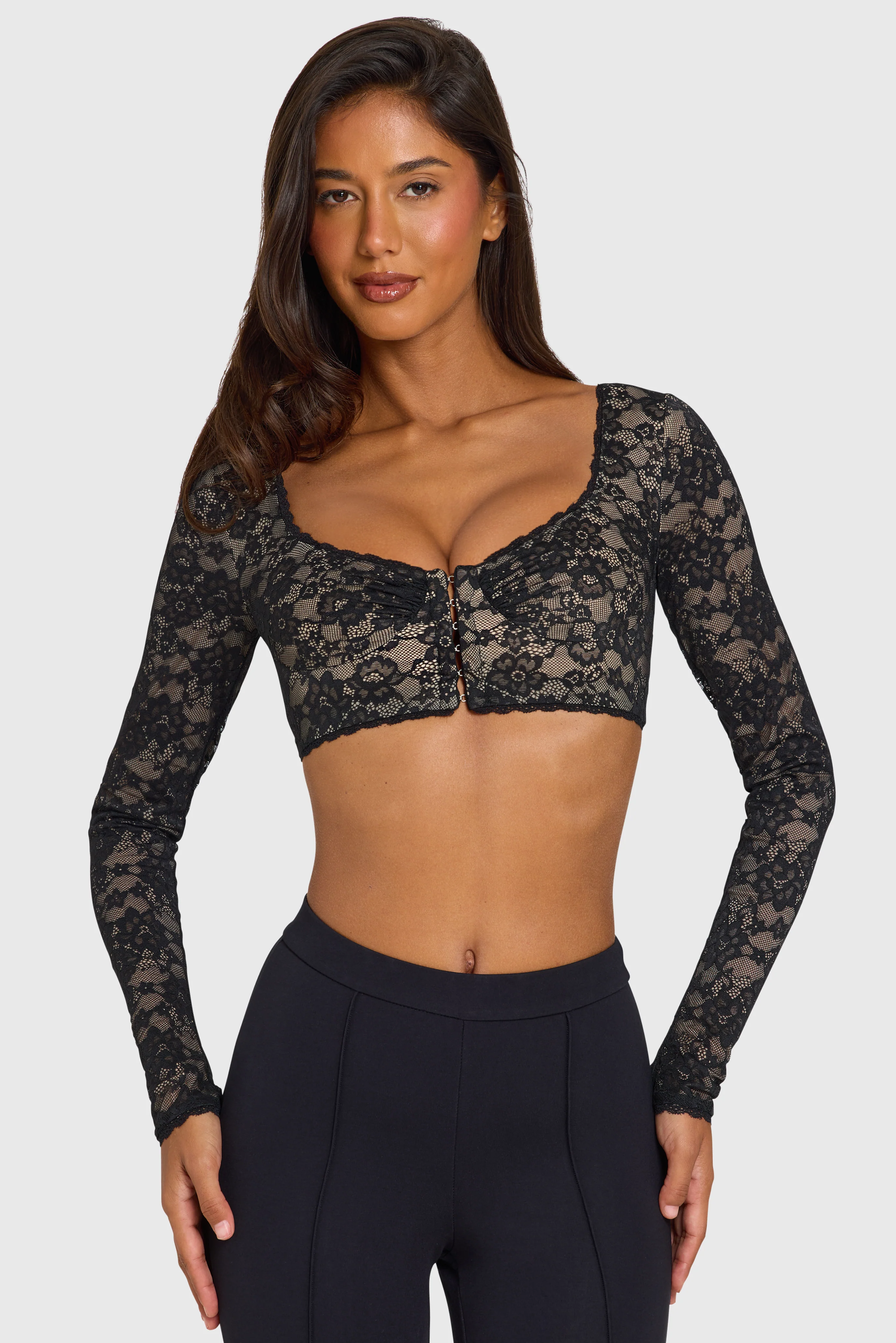 Lace Long-Sleeve Crop Top in Black