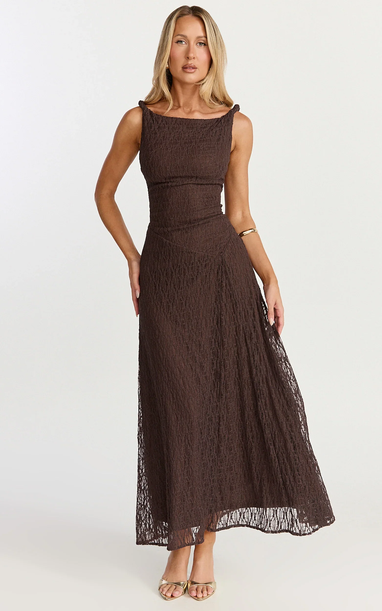 Abby Midi Dress - High Neck Asym Detail Dress in Chocolate - luluinthesky