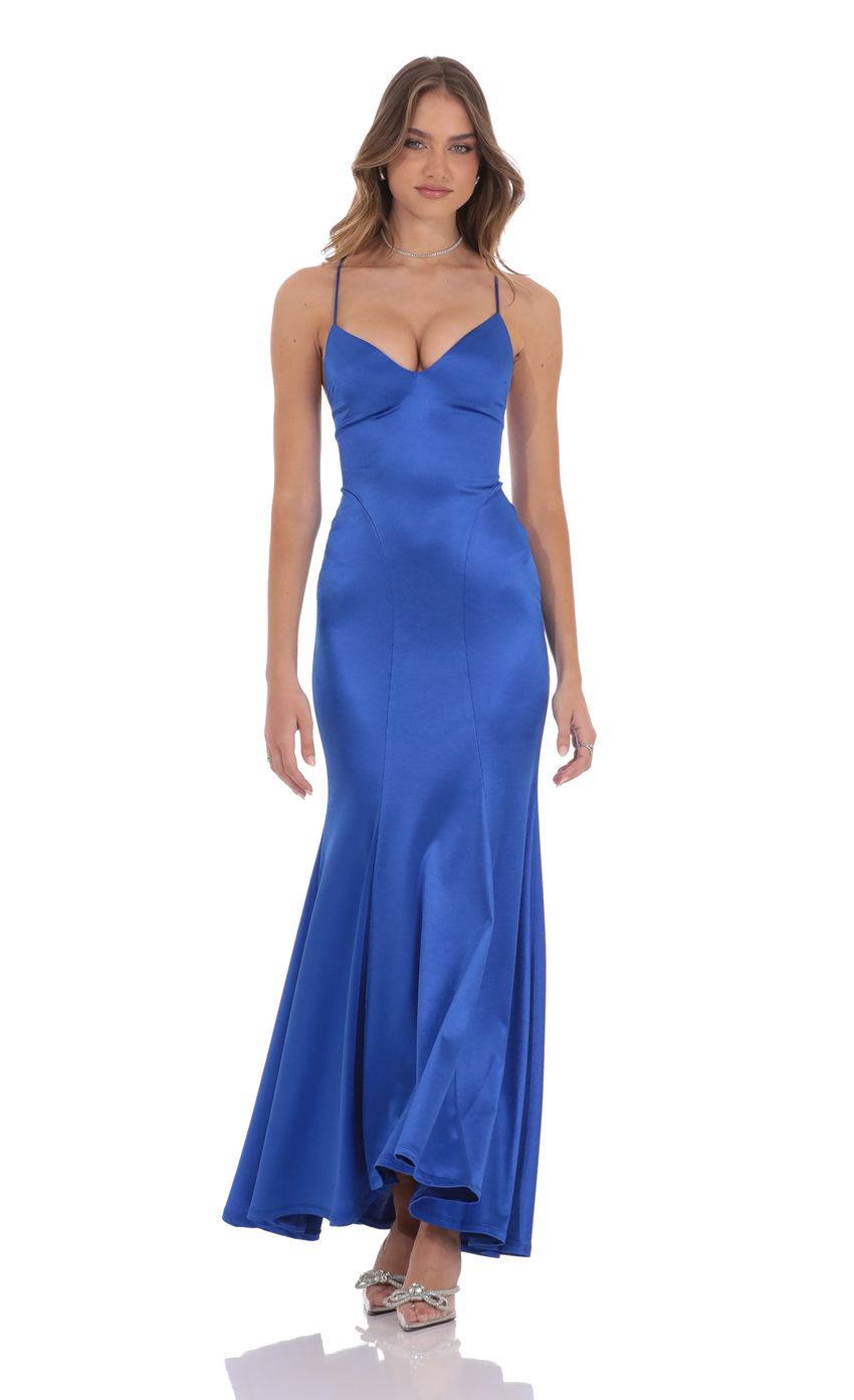 Satin Open Back Mermaid Maxi Dress in Blue