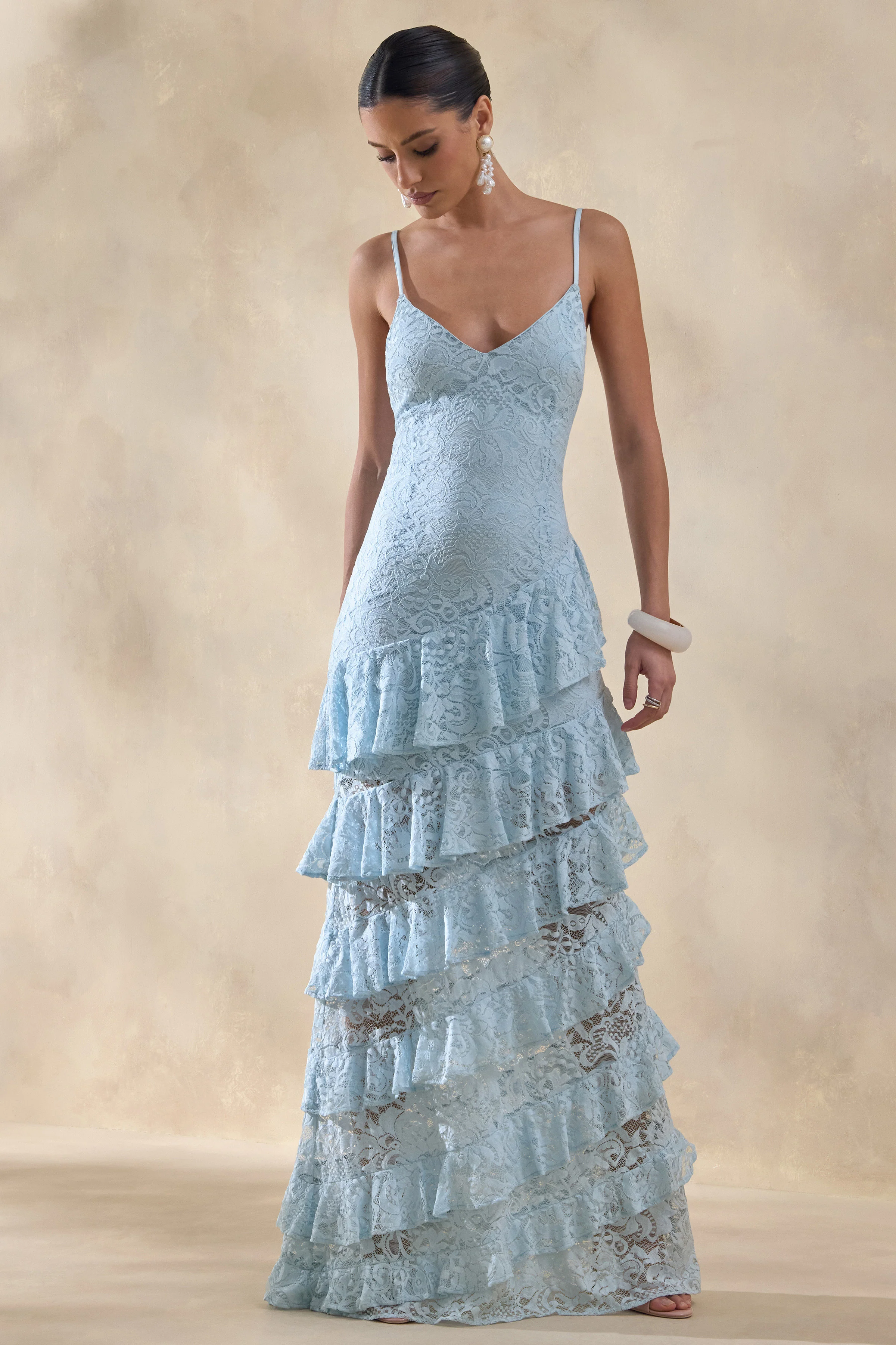 Avelisse | Blue Lace Plunge-Neck Maxi Dress With Ruffled Detailing