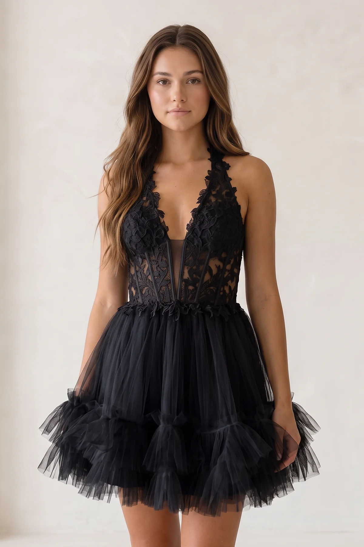 White Halter Tulle Tiered A-Line Homecoming Dress With Lace Appliques