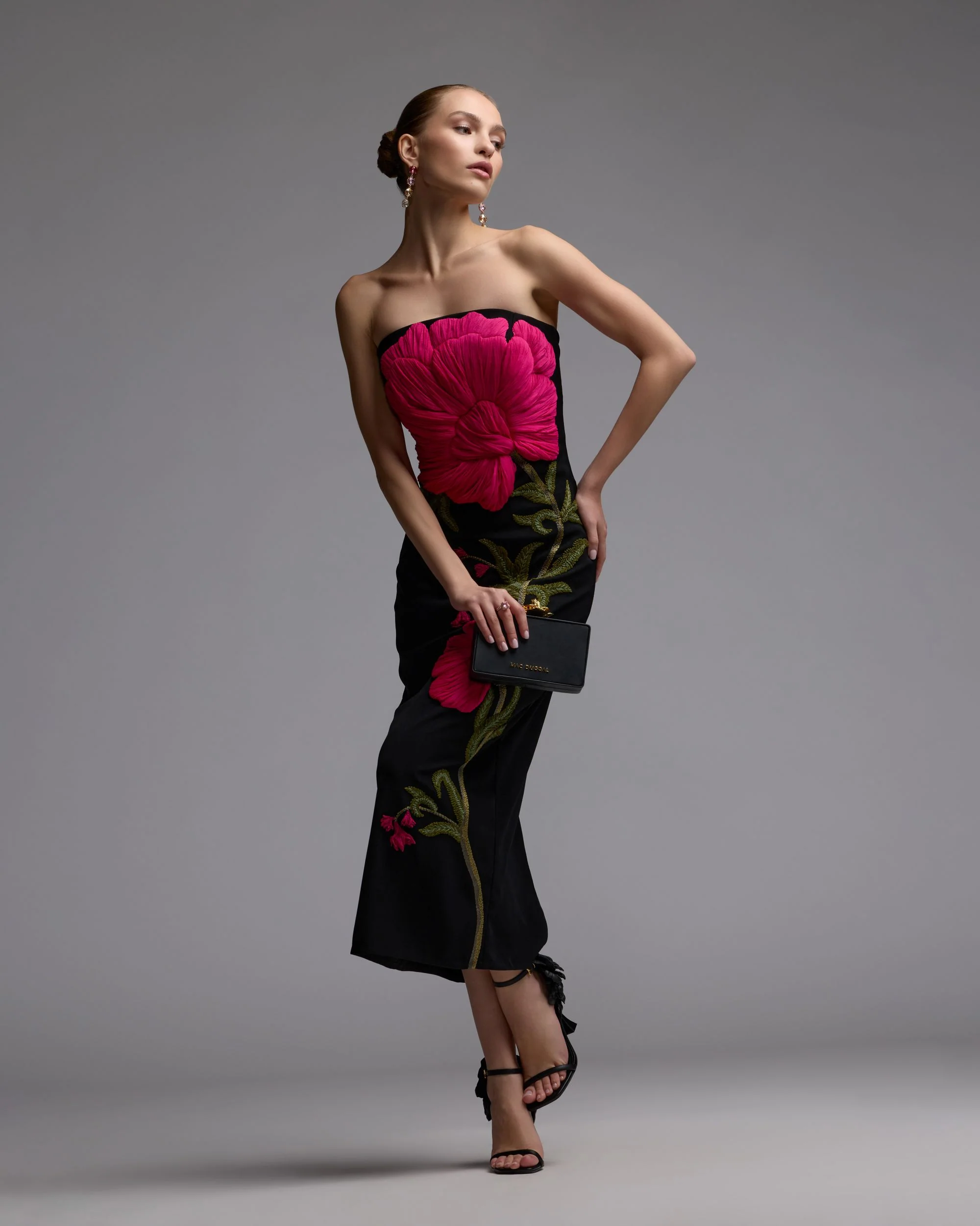 Black Strapless Floral Embroidered Midi Dress - FASHION NOB