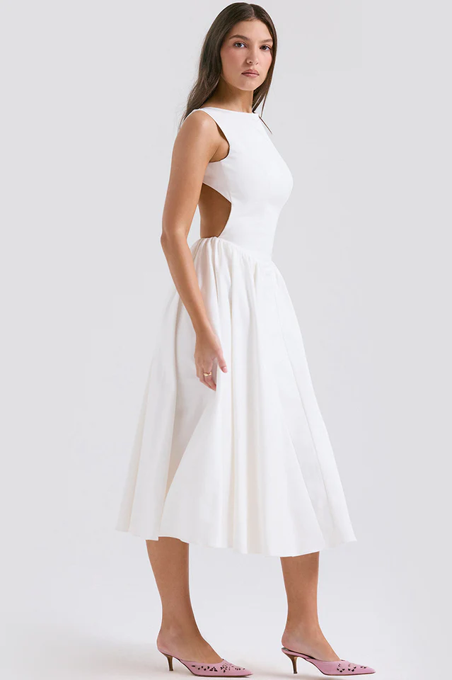 Cindy White Twill Midi Sundress