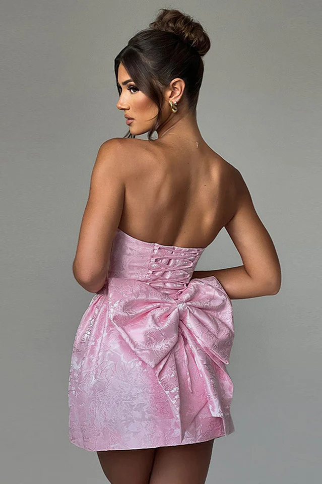 Jacquard Print Tube Back Bow Mini Dress