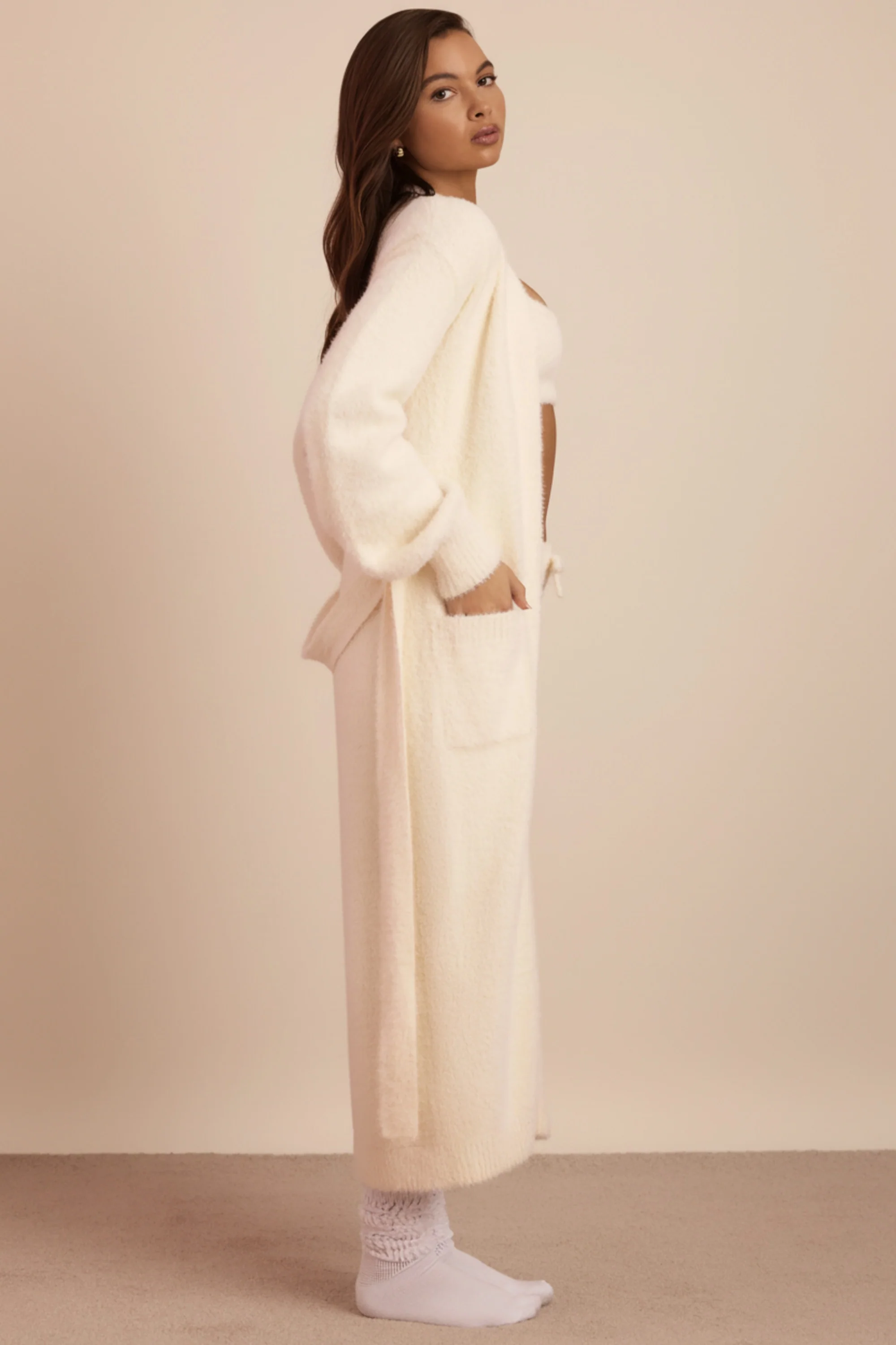 Fluffy Knit Longline Cardigan in Ivory