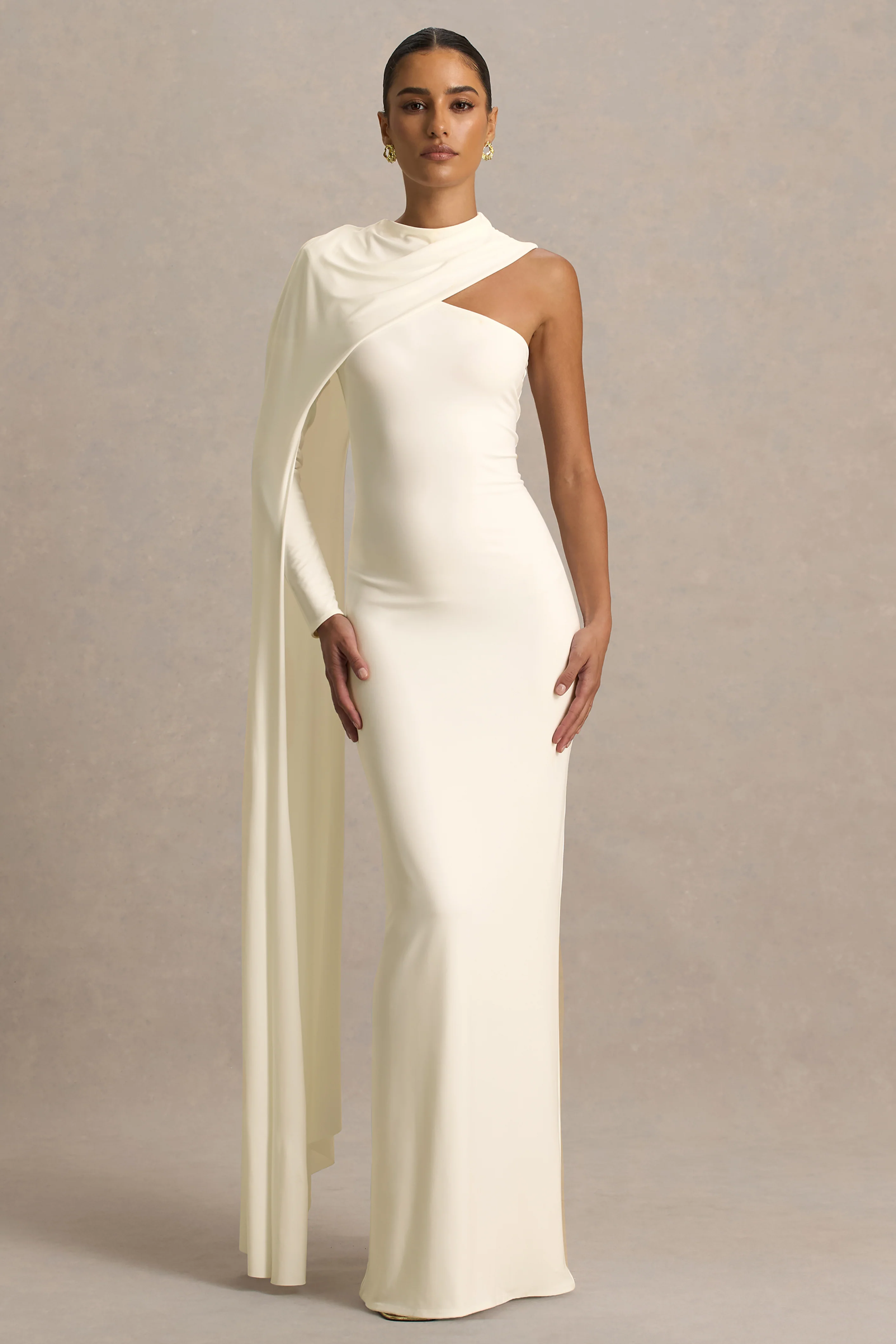 Dawn | Cream High-Neck Maxi Dress With One Long Cape-Sleeve