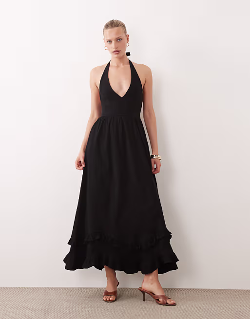 crochet halter tiered midi dress in black
