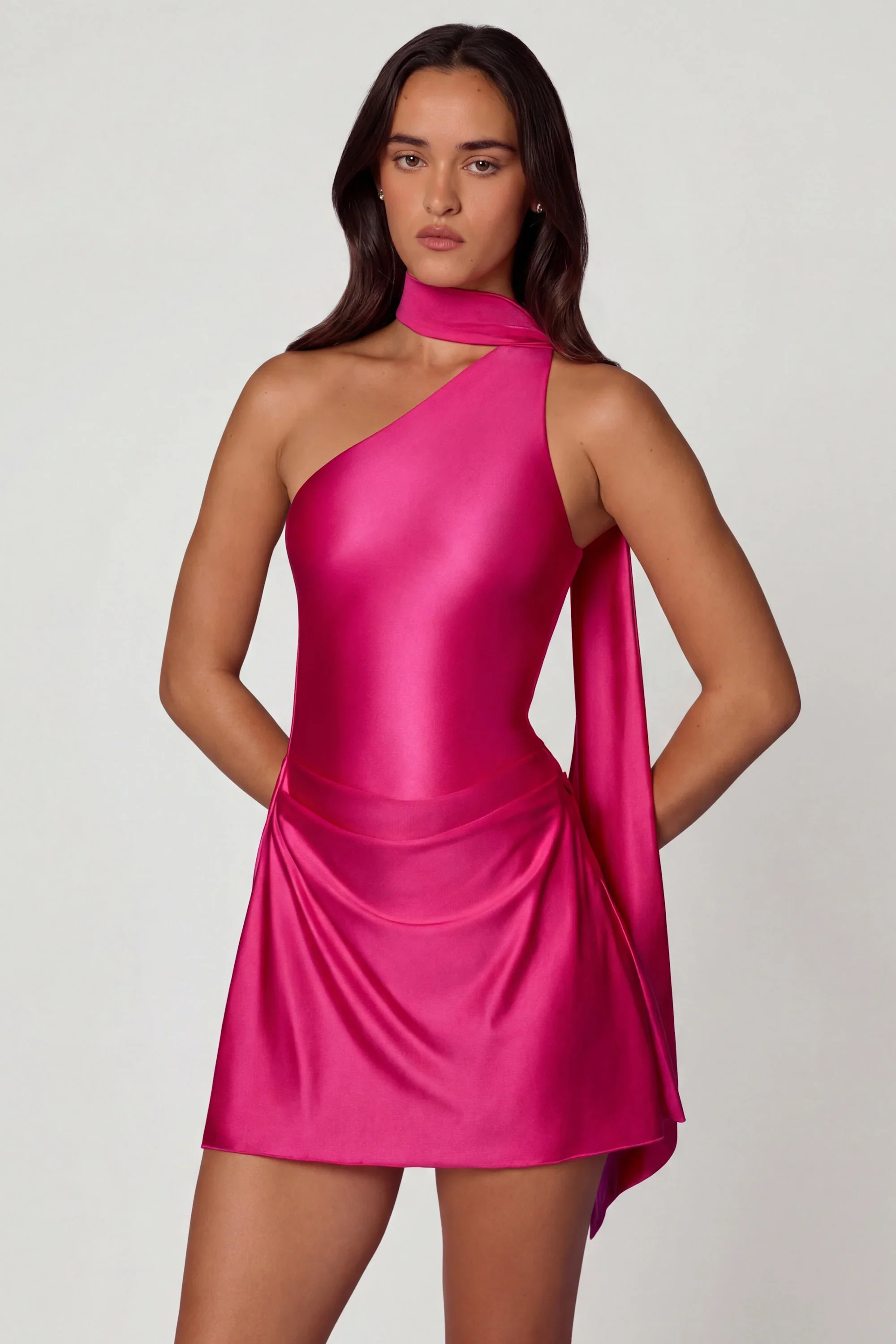 Asymmetric Scarf-Detail Mini Dress in Hot Pink