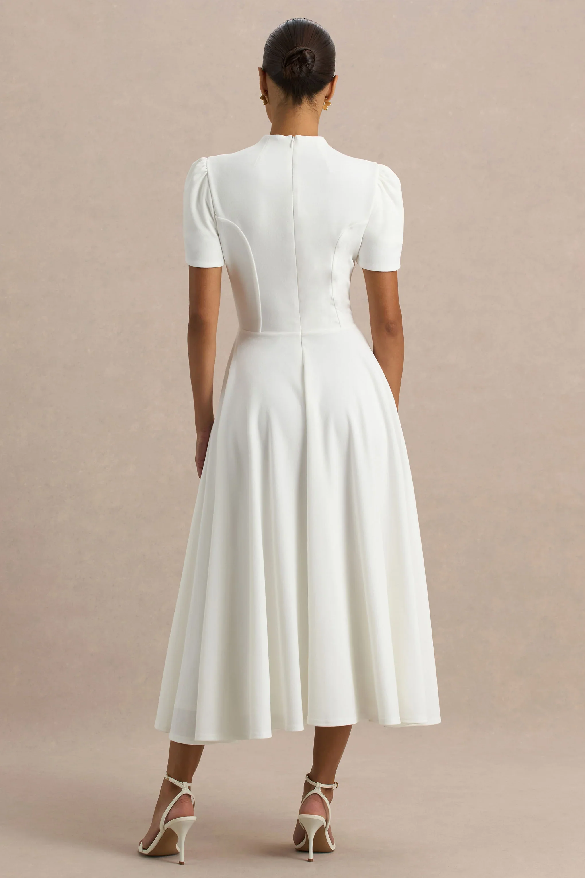 Vicky | White High Neck Midi Dress With Puff Sleeves