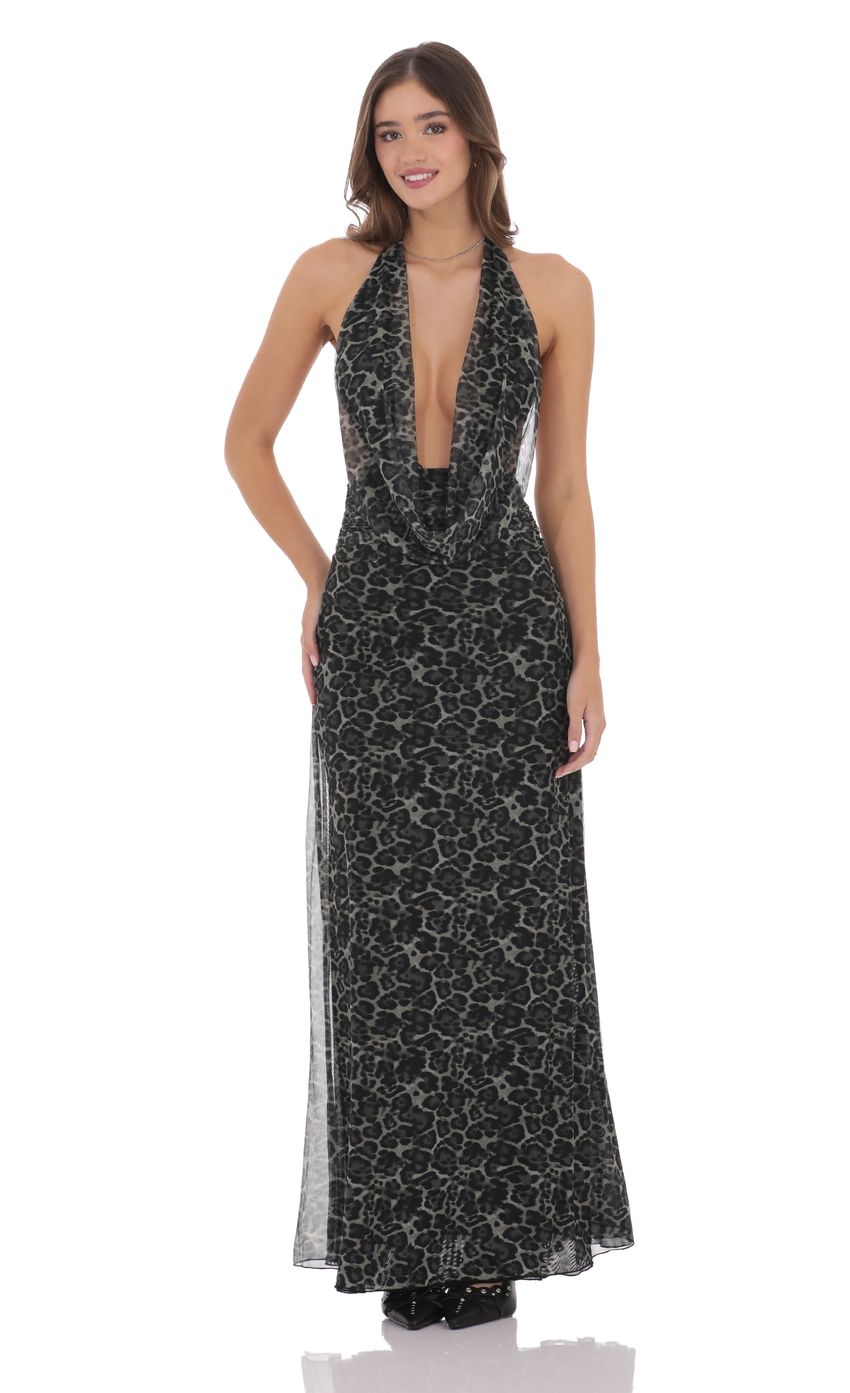 Plunge Cowl Neck Maxi Dress in Cheetah Print