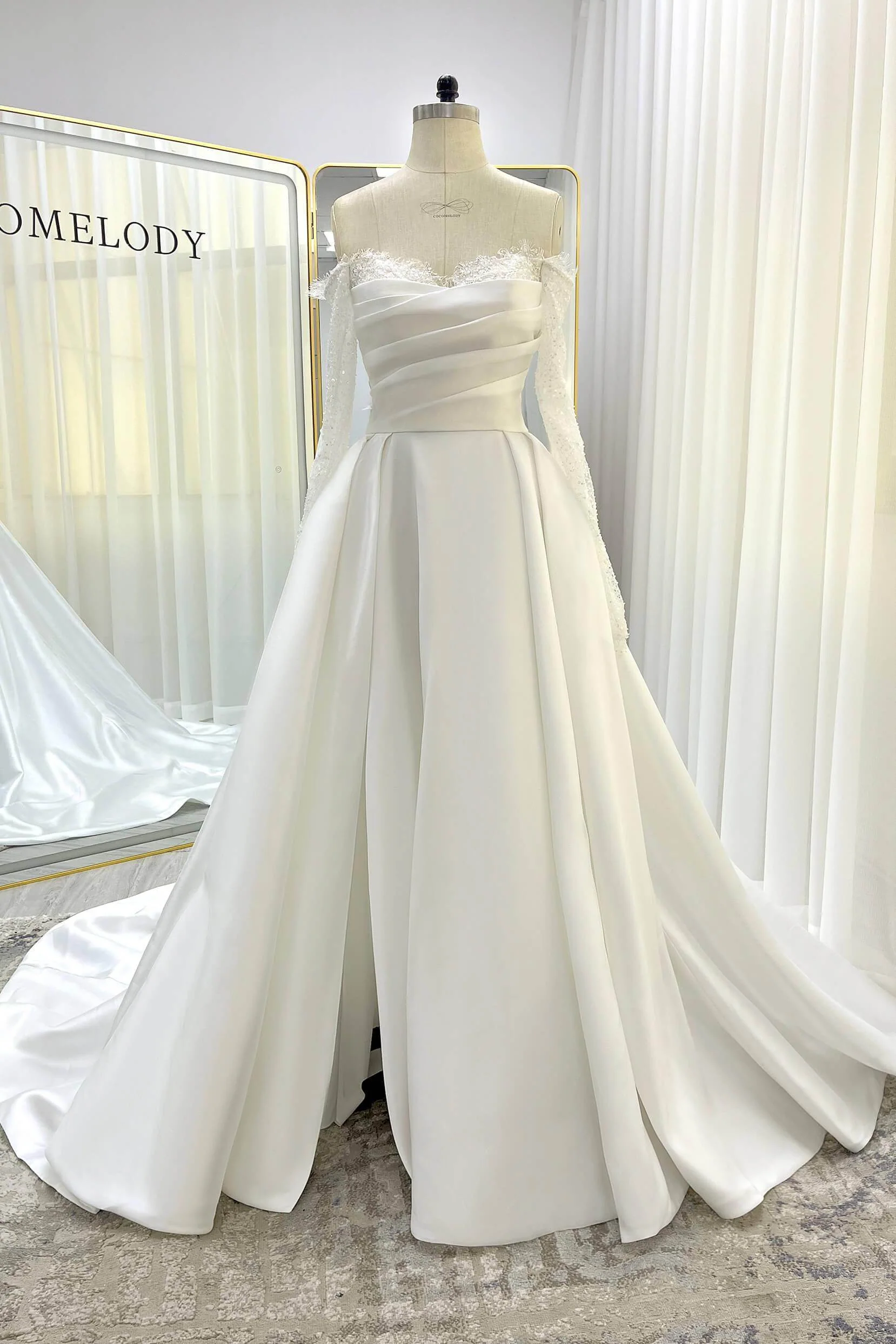 A-Line Court Train Mikado Lace Wedding Dress CW3335