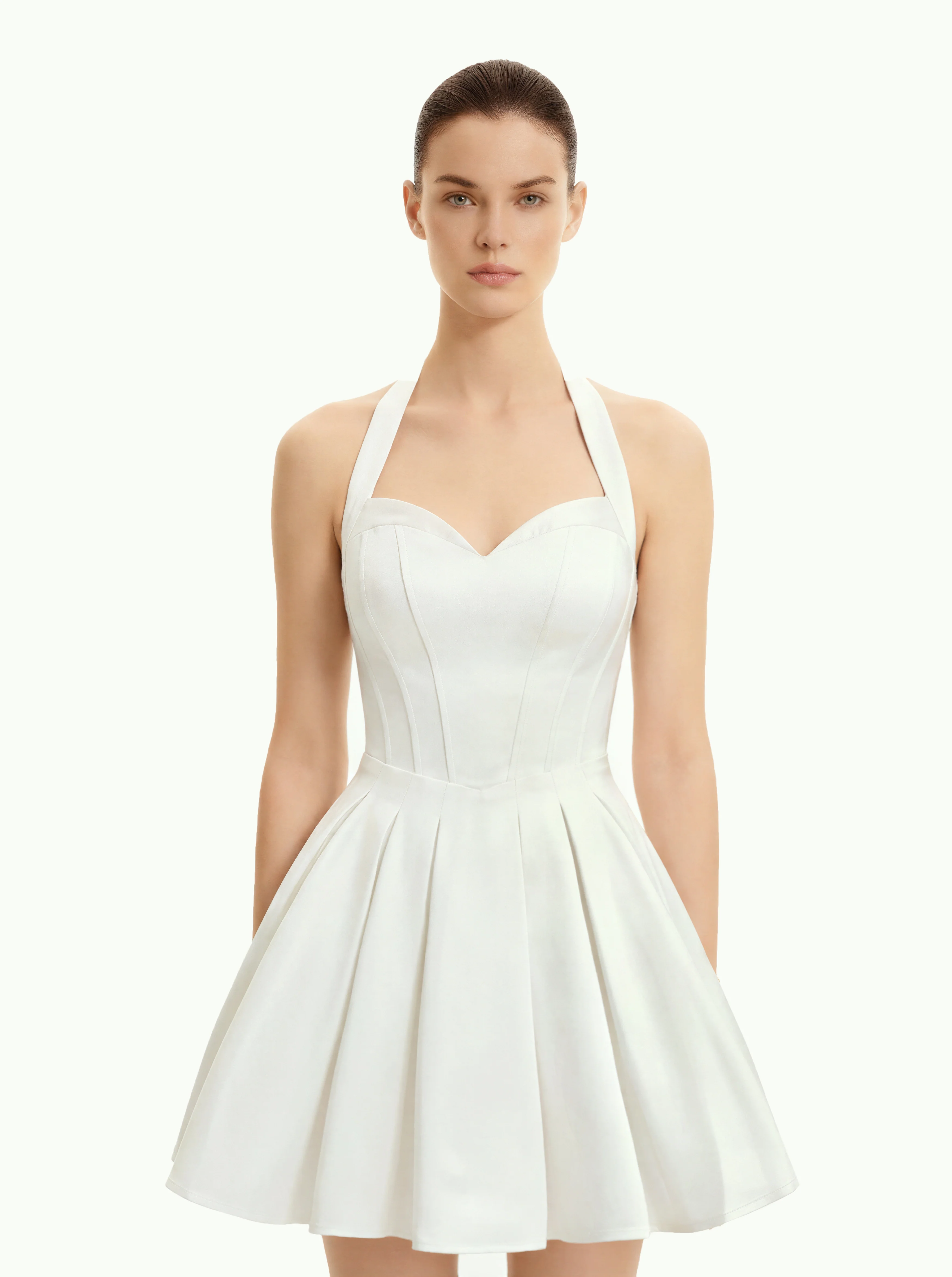 Pleated Bustier Halter Mini Dress - White