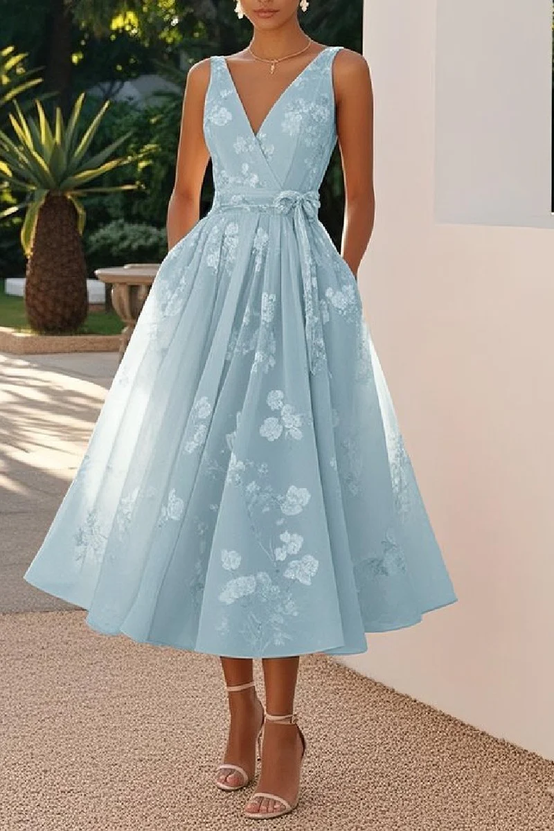 A-Line Tea Length Lace Wedding Guest Dress 936977177647