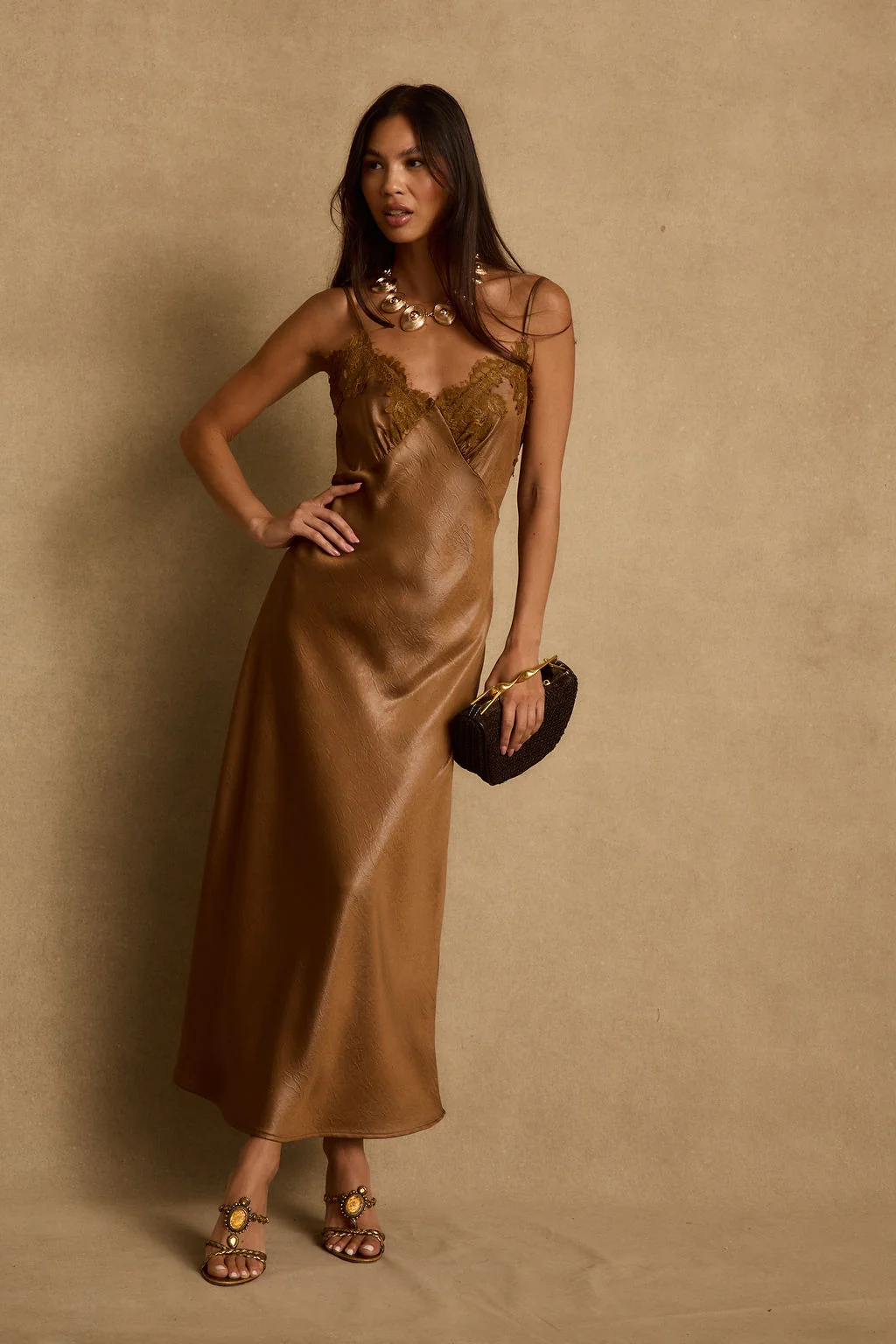 Cordon Bronze Satin Maxi Dress