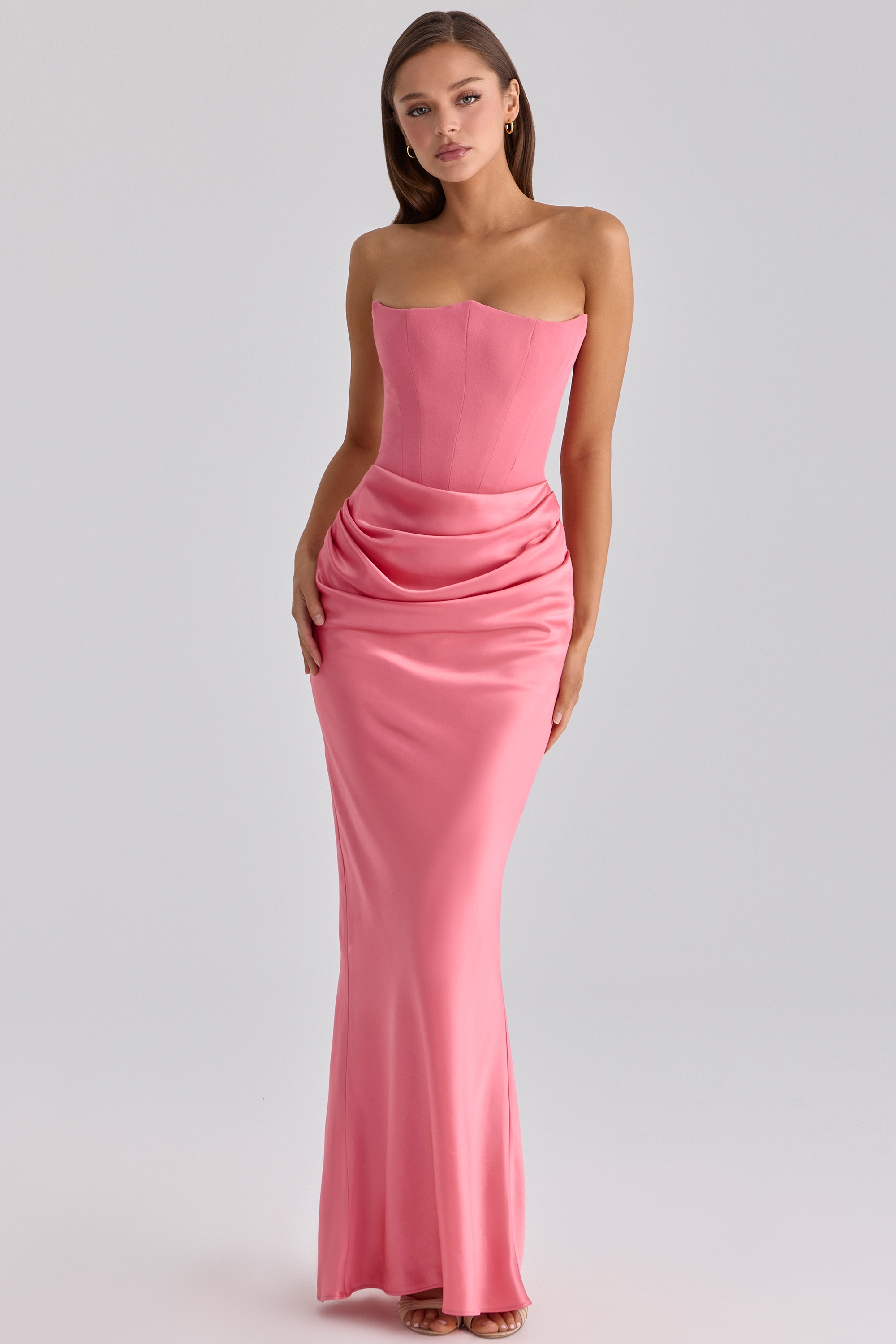 raspberry satin + crepe strapless corset maxi dress