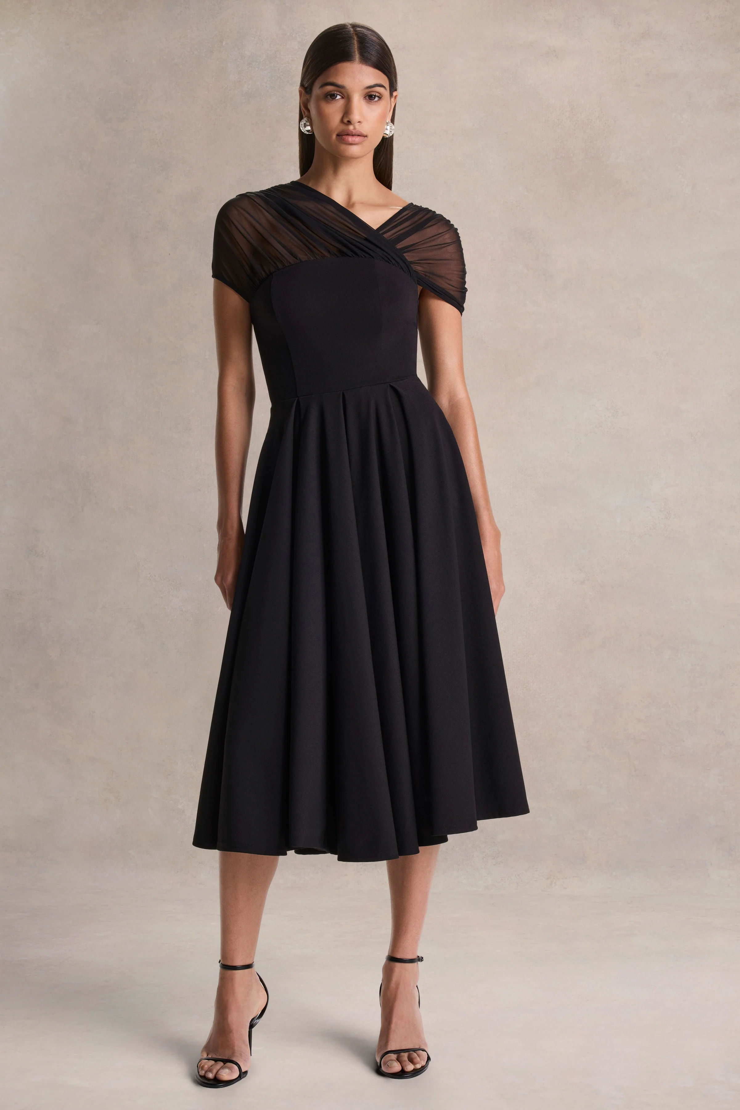 Rosette | Black Asymmetric-Neck Midi Dress