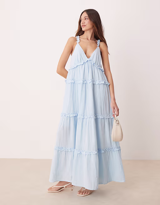 YAS tiered ruffle detail cami maxi dress in soft blue