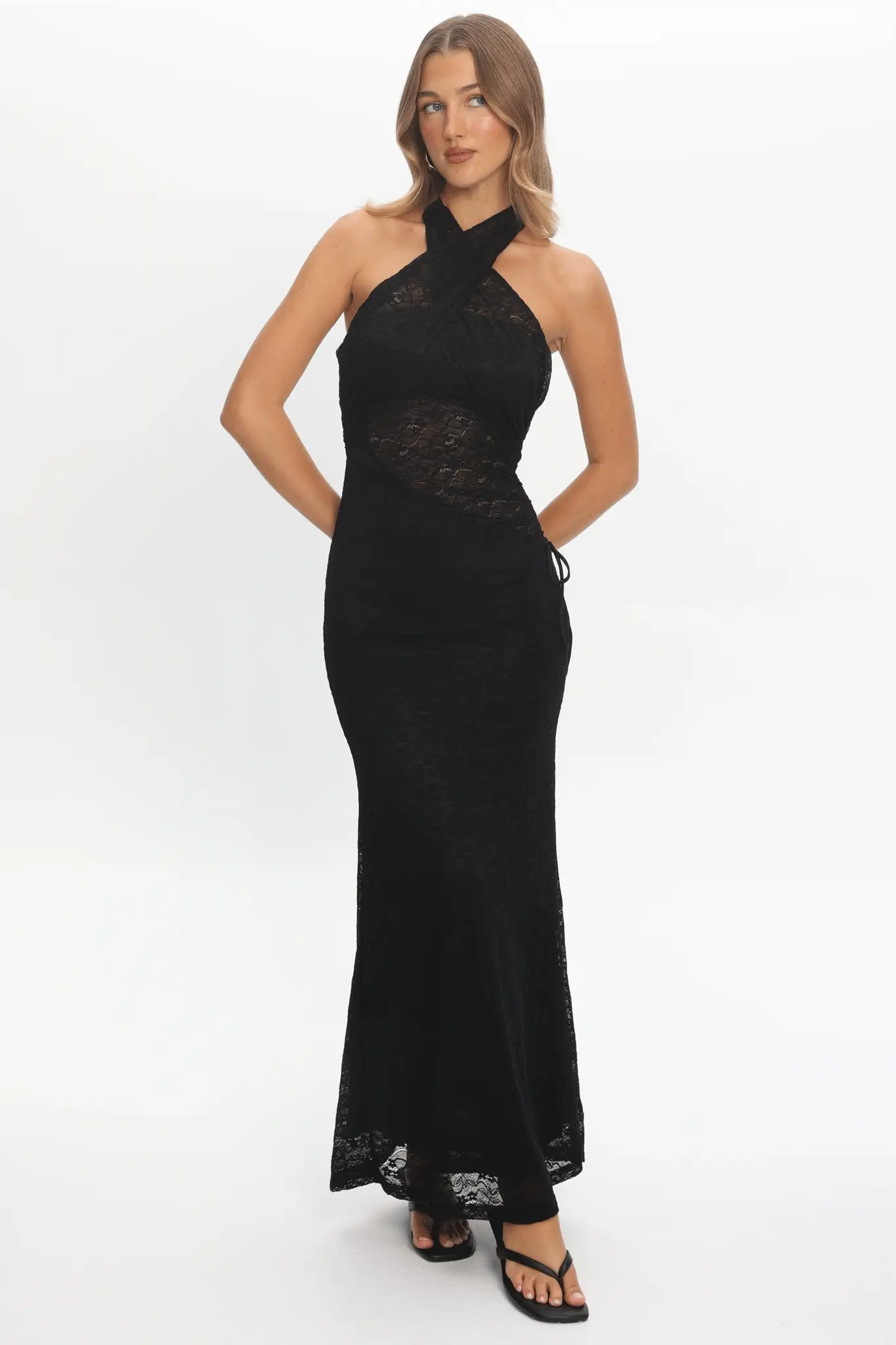 Karmella Cross-Front Lace Halter Maxi Dress Black - luluinthesky