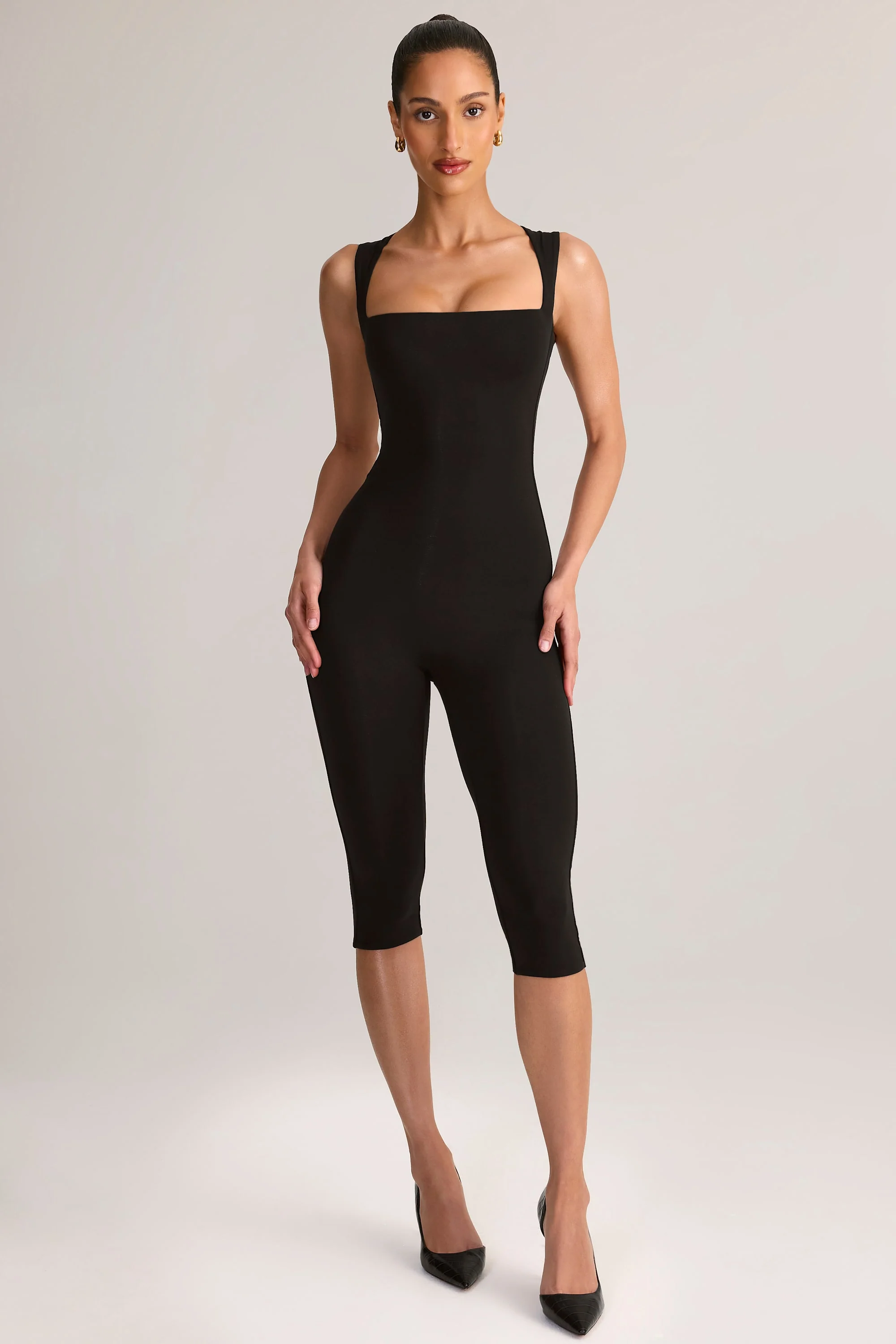 Modal Square-Neck Bodycon Capri Jumpsuit in Black