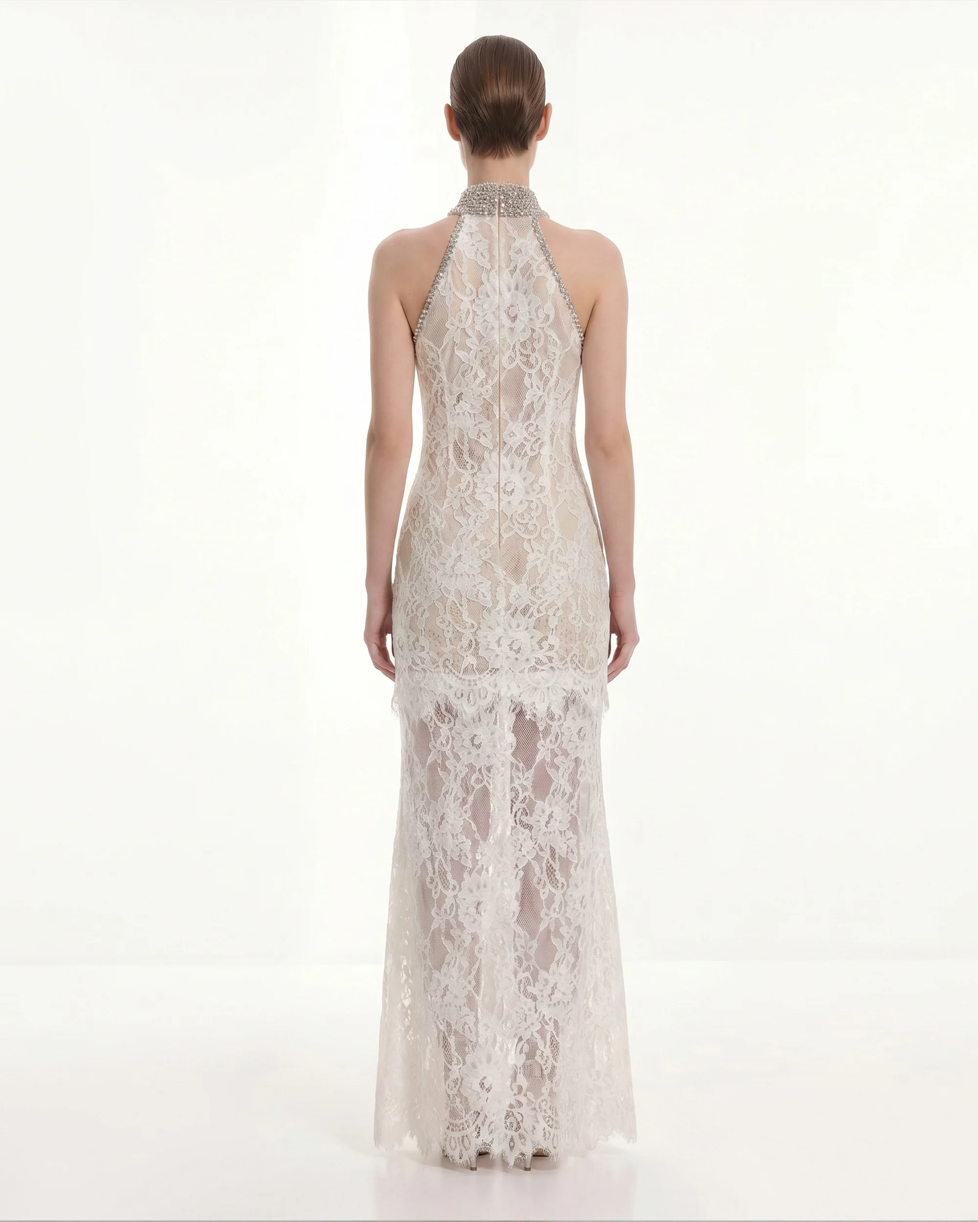 Jeweled Lace Halter Dress - White - FASHION NOB