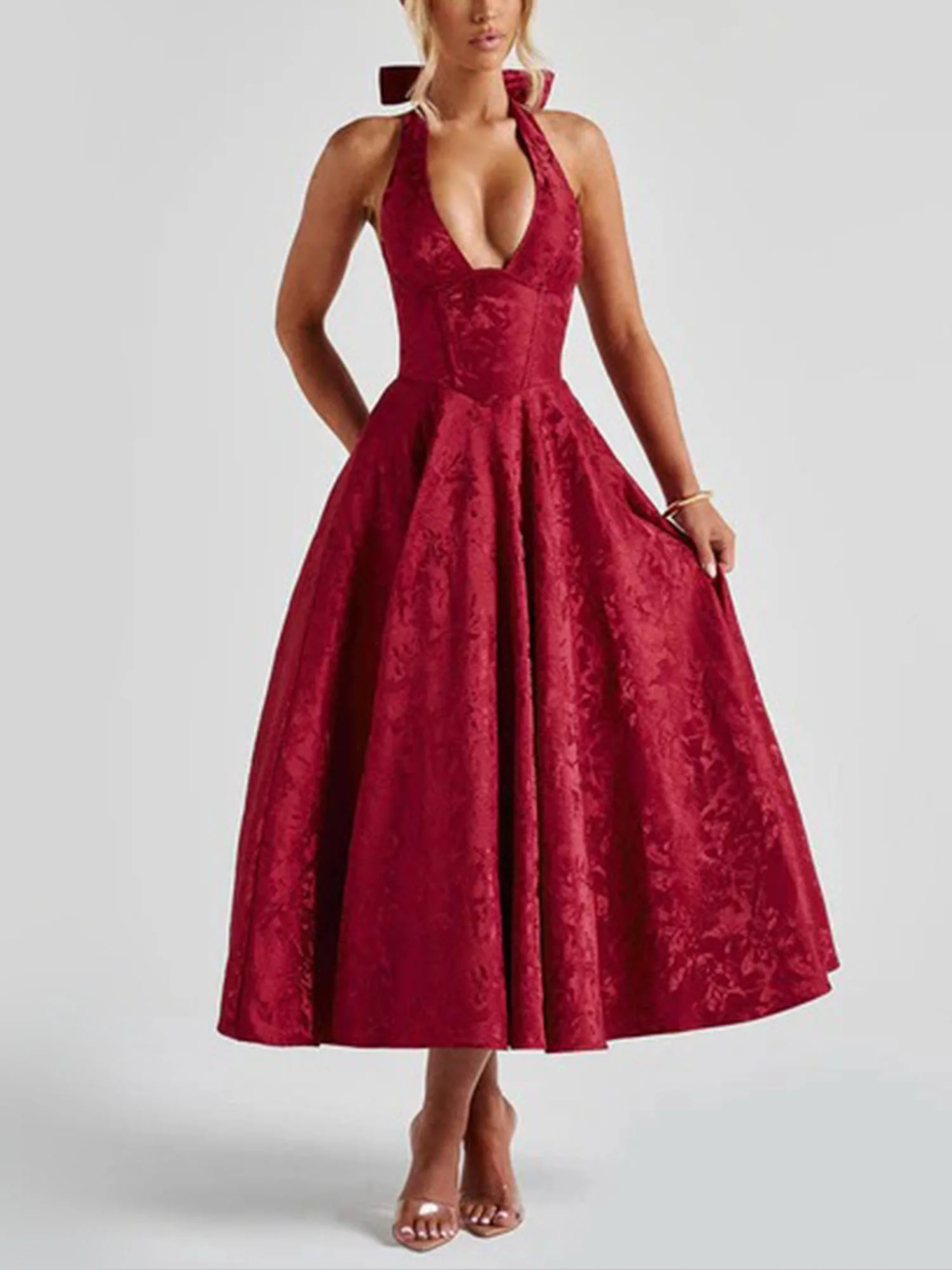 Red Halter Flared Midi Dress