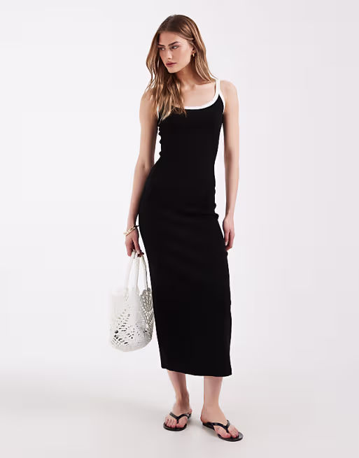 rib knit midi dress in black with white contrast trim
