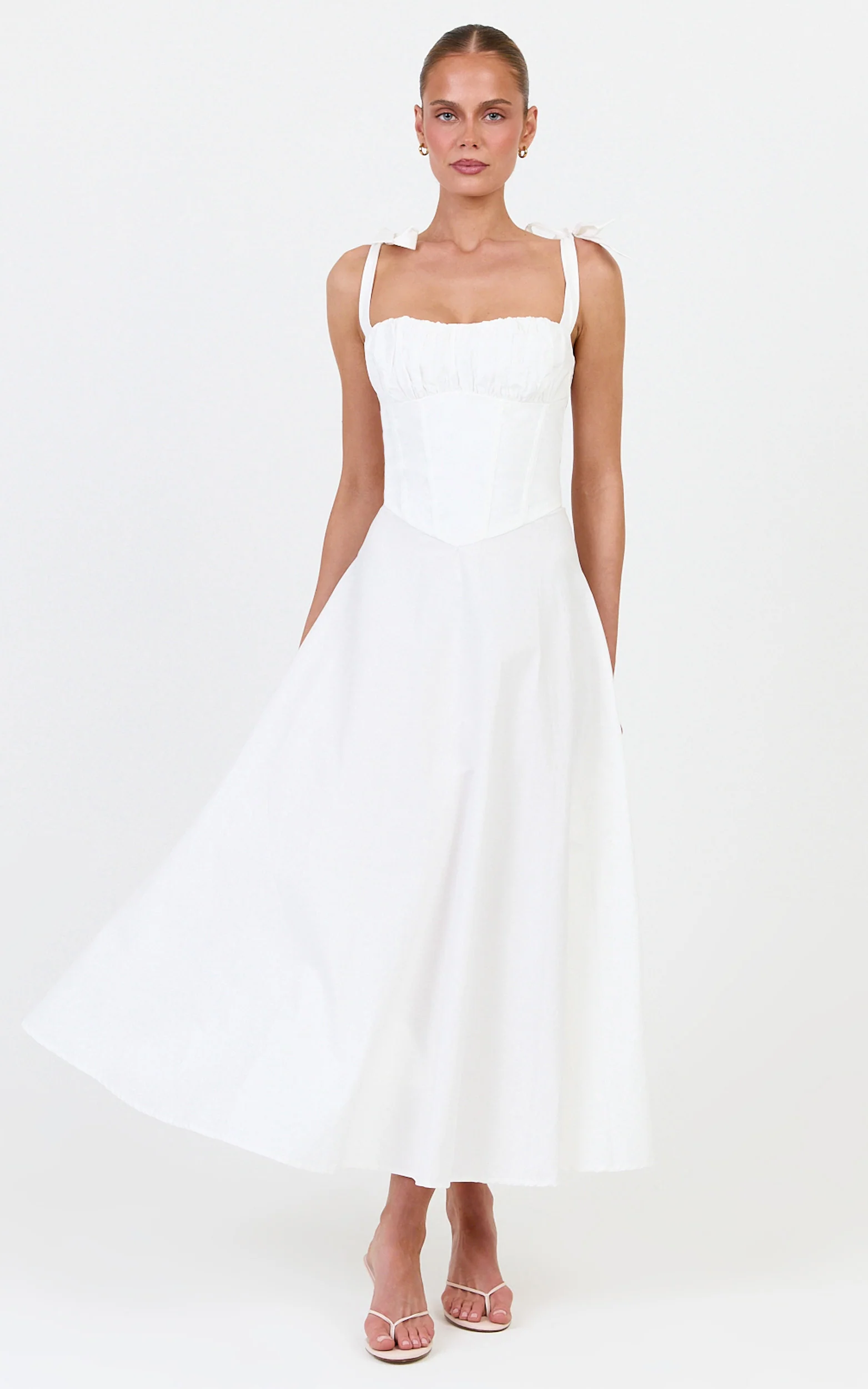 Vionette Midi Dress - Tie Shoulder Ruched Bust Corset Dress in White