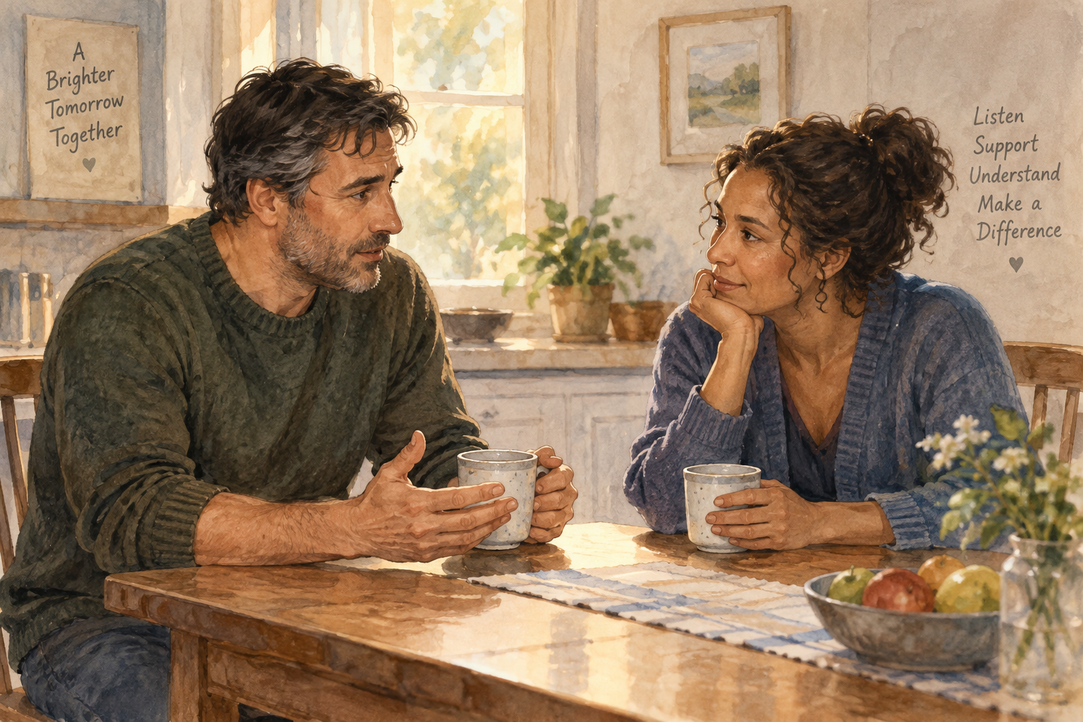 Editorial illustration of two adults having a supportive conversation at a table.