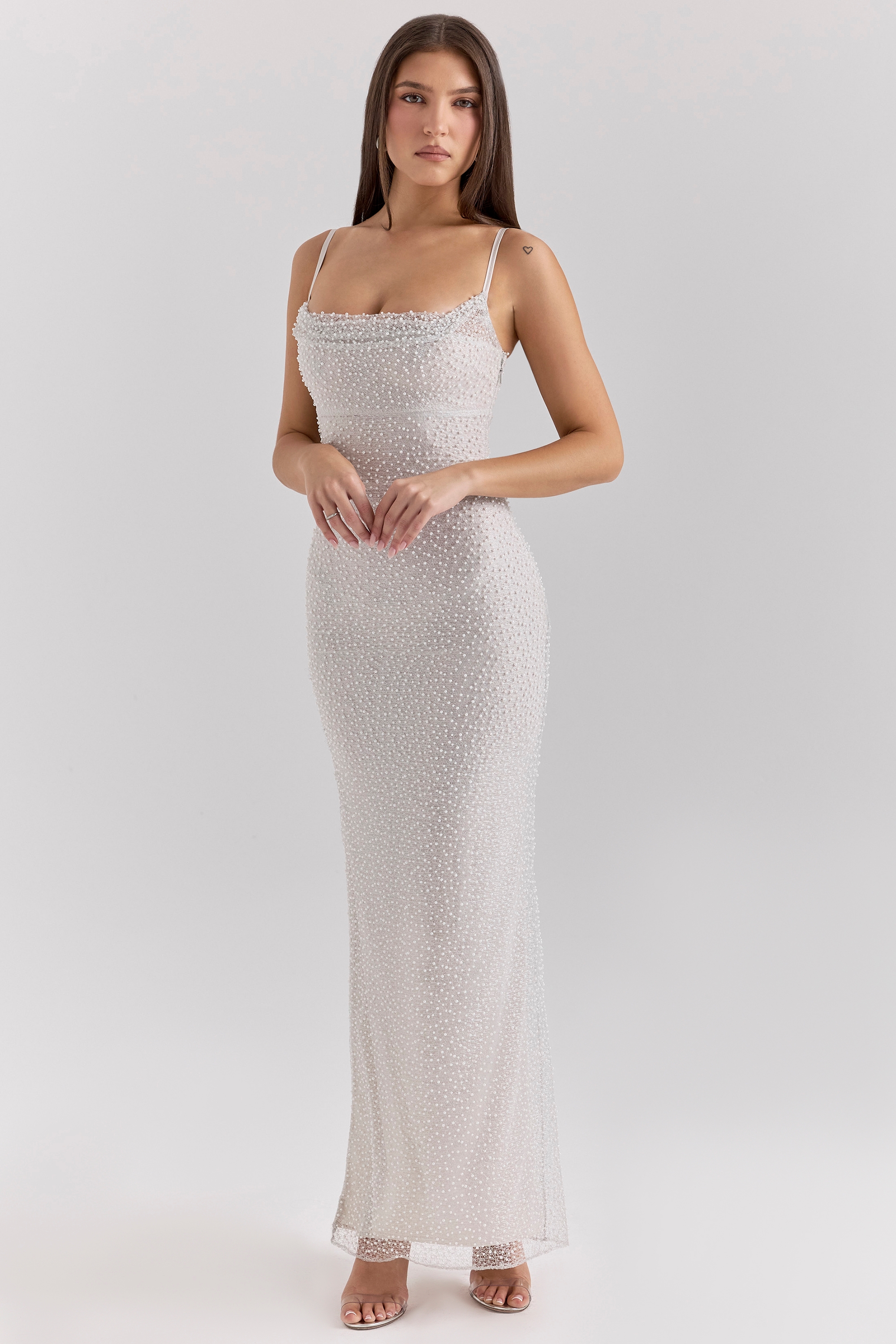 silver pearl embellished maxi dress