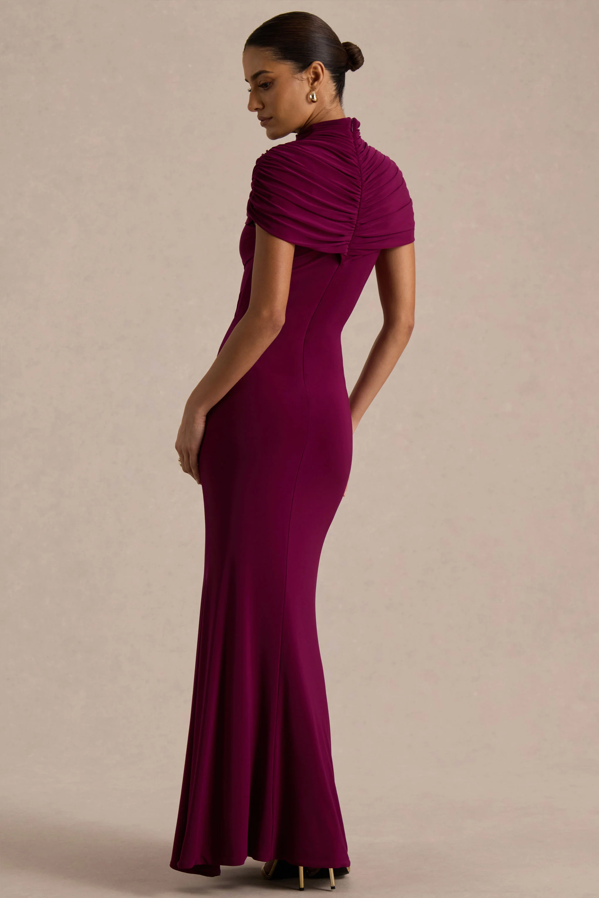 Azaria | Burgundy High-Neck Maxi Dress With Ruched Detailing