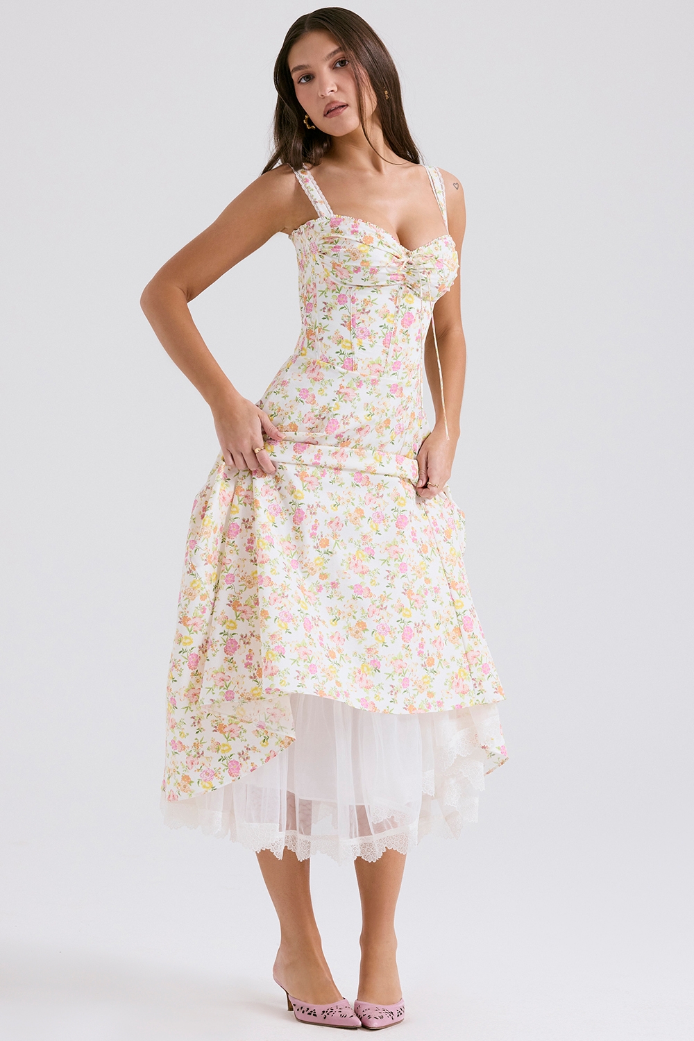 ivory meadow print cotton bustier sundress