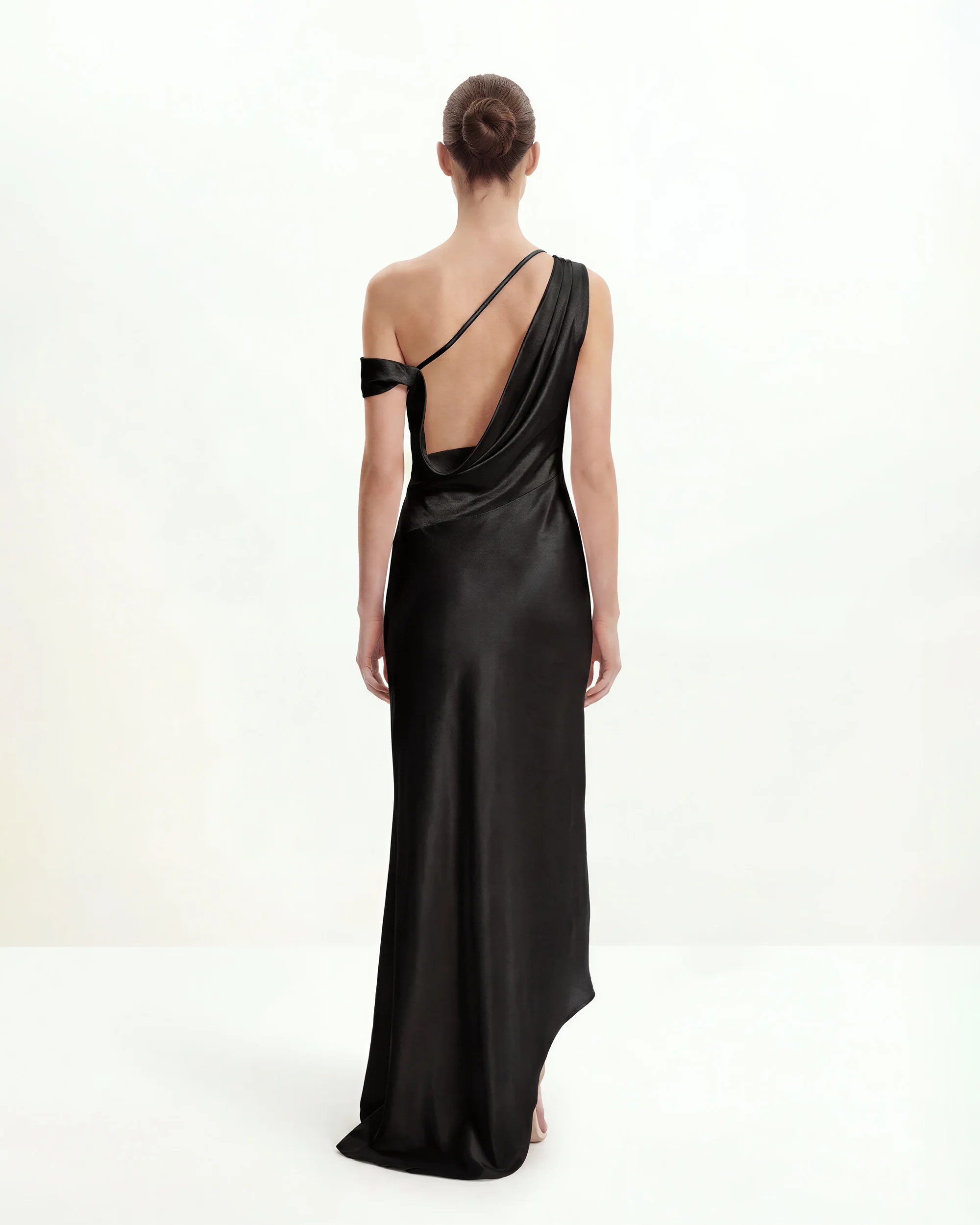 Satin Draped One-Shoulder Asymmetric Dress - Black - FASHION NOB