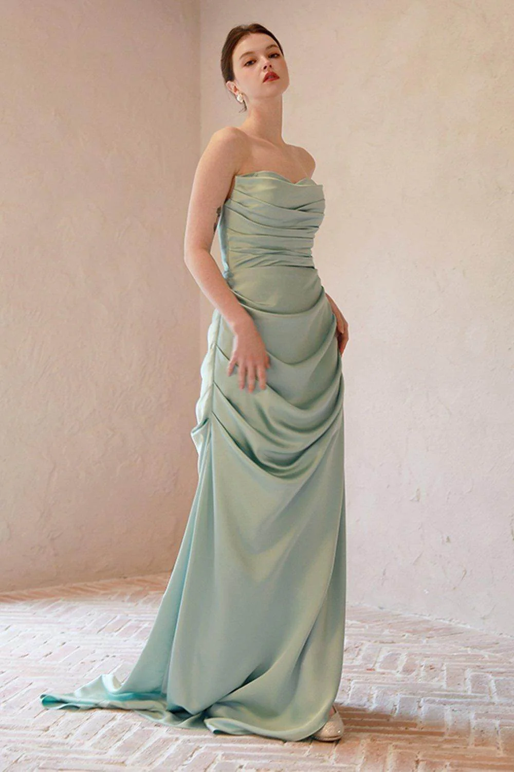 Sheath-Column Sweep-Brush Train Satin Wedding Dress CW3066