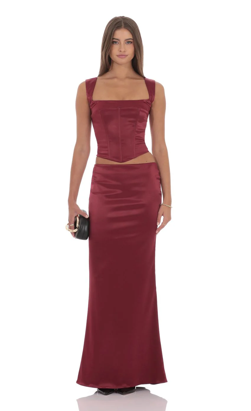 Satin Maxi Skirt in Maroon