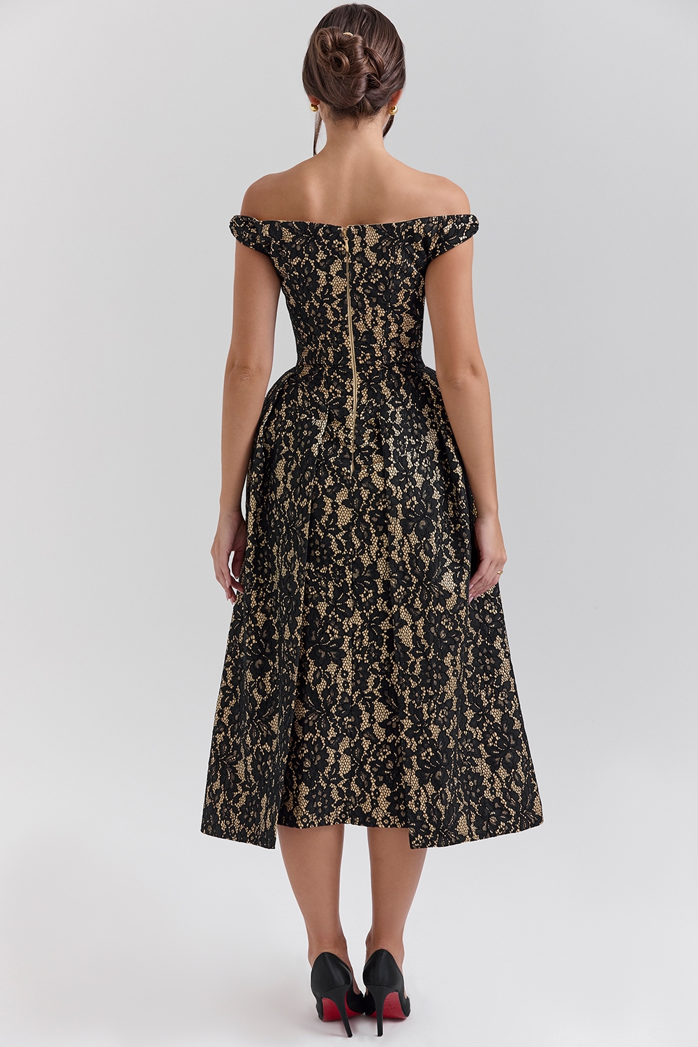 Black Gold Lace Off Shoulder Midi Gown