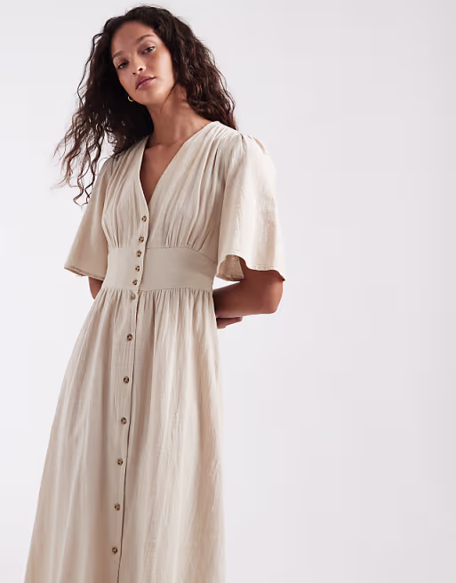 ONLY linen look midi shirt dress in beige