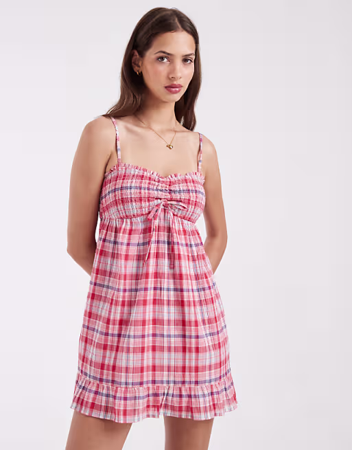 Hollister babydoll strappy mini dress in red check