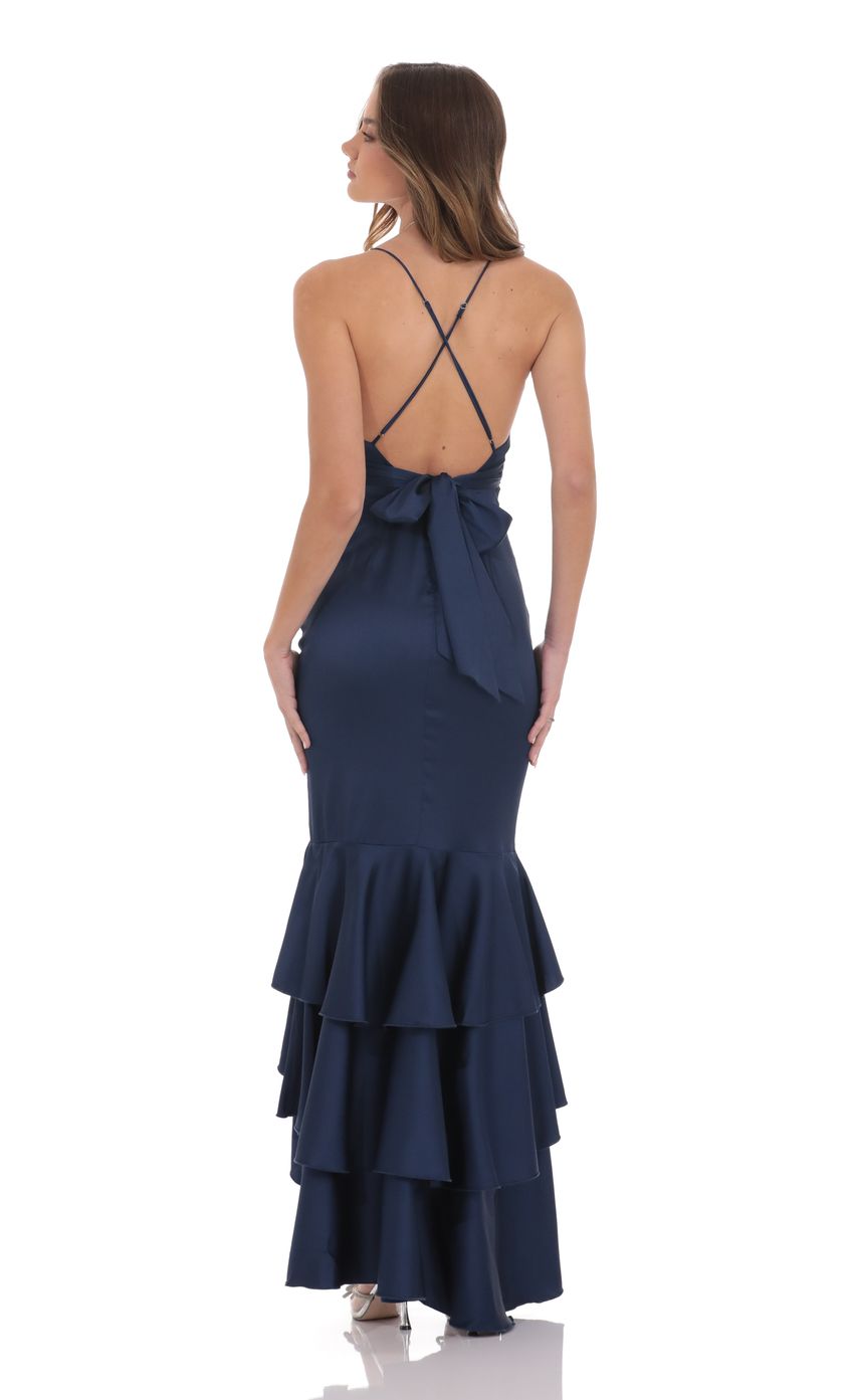 Satin Ruffle Fishtail Maxi Dress in Navy