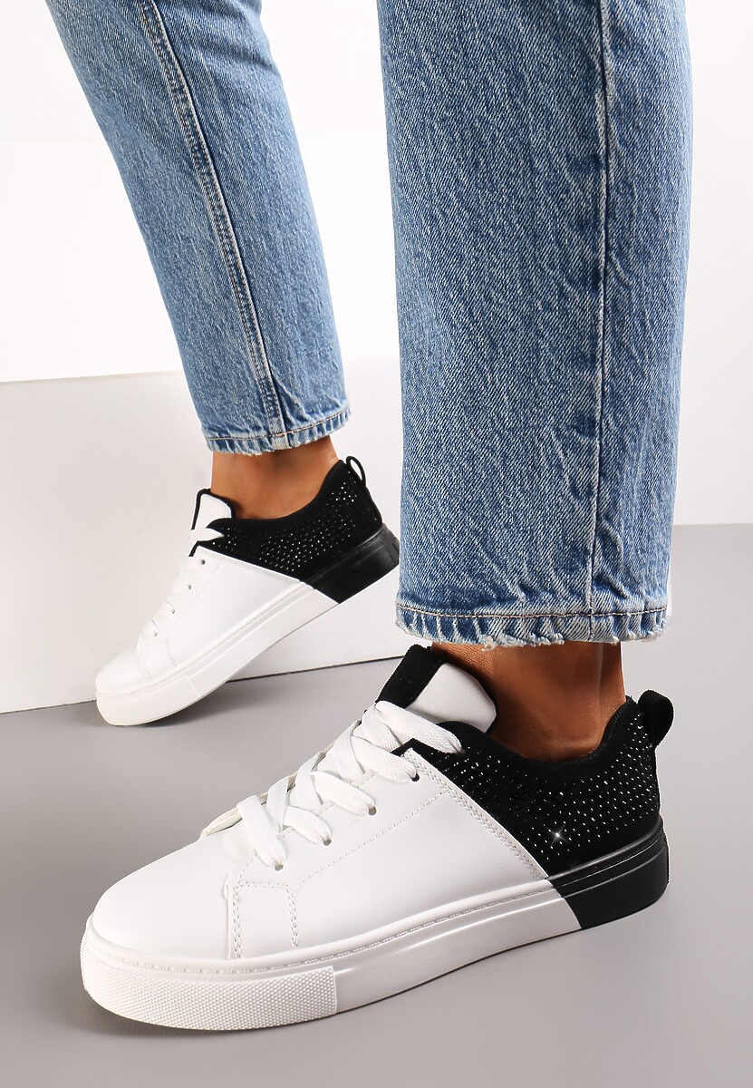 Biało-Niebieskie Sneakersy Sznurowane na Płaskiej Grubszej Podeszwie z Cyrkoniami Hanuel