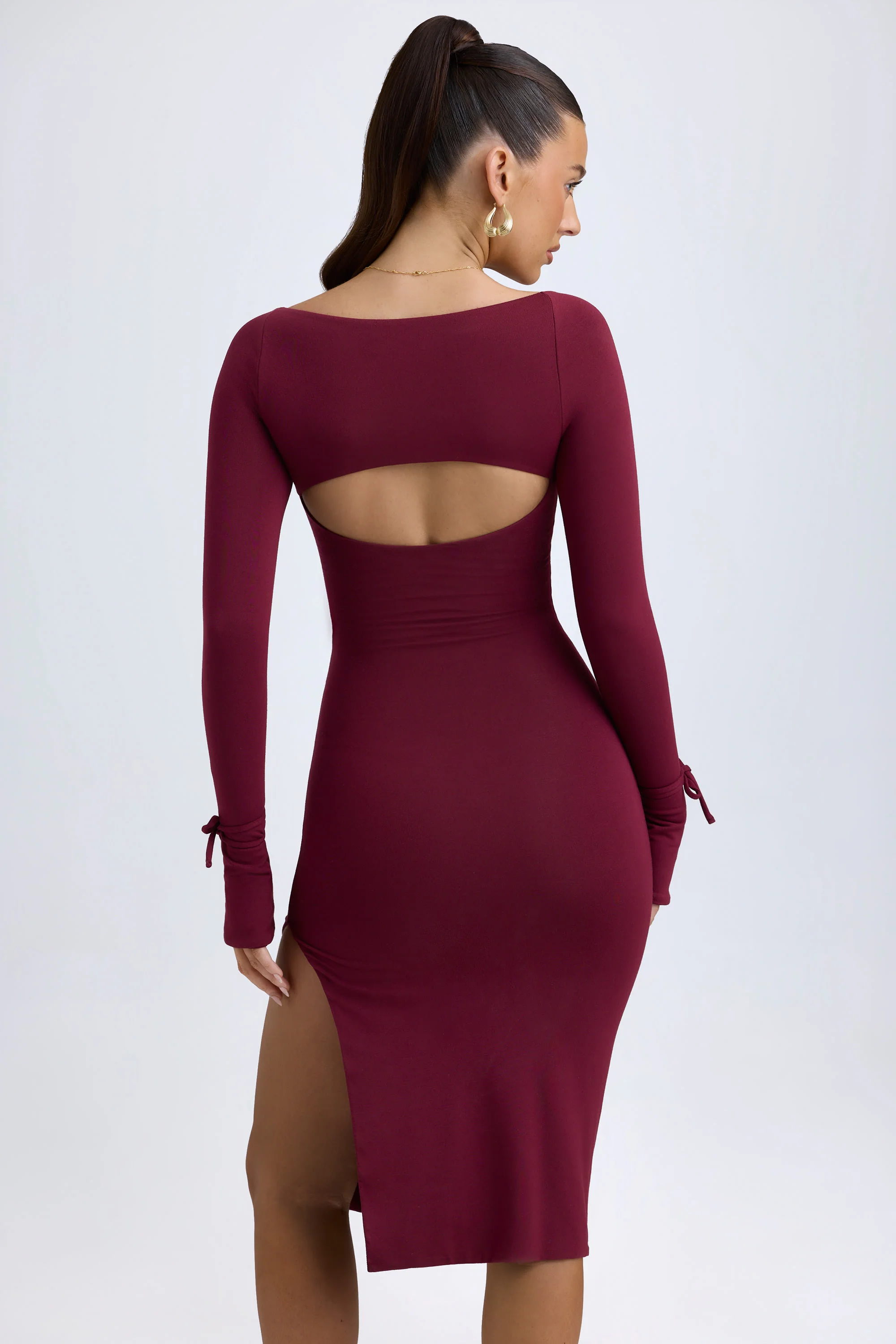 Modal Square-Neck Long-Sleeve Midi Dress in Wine Red