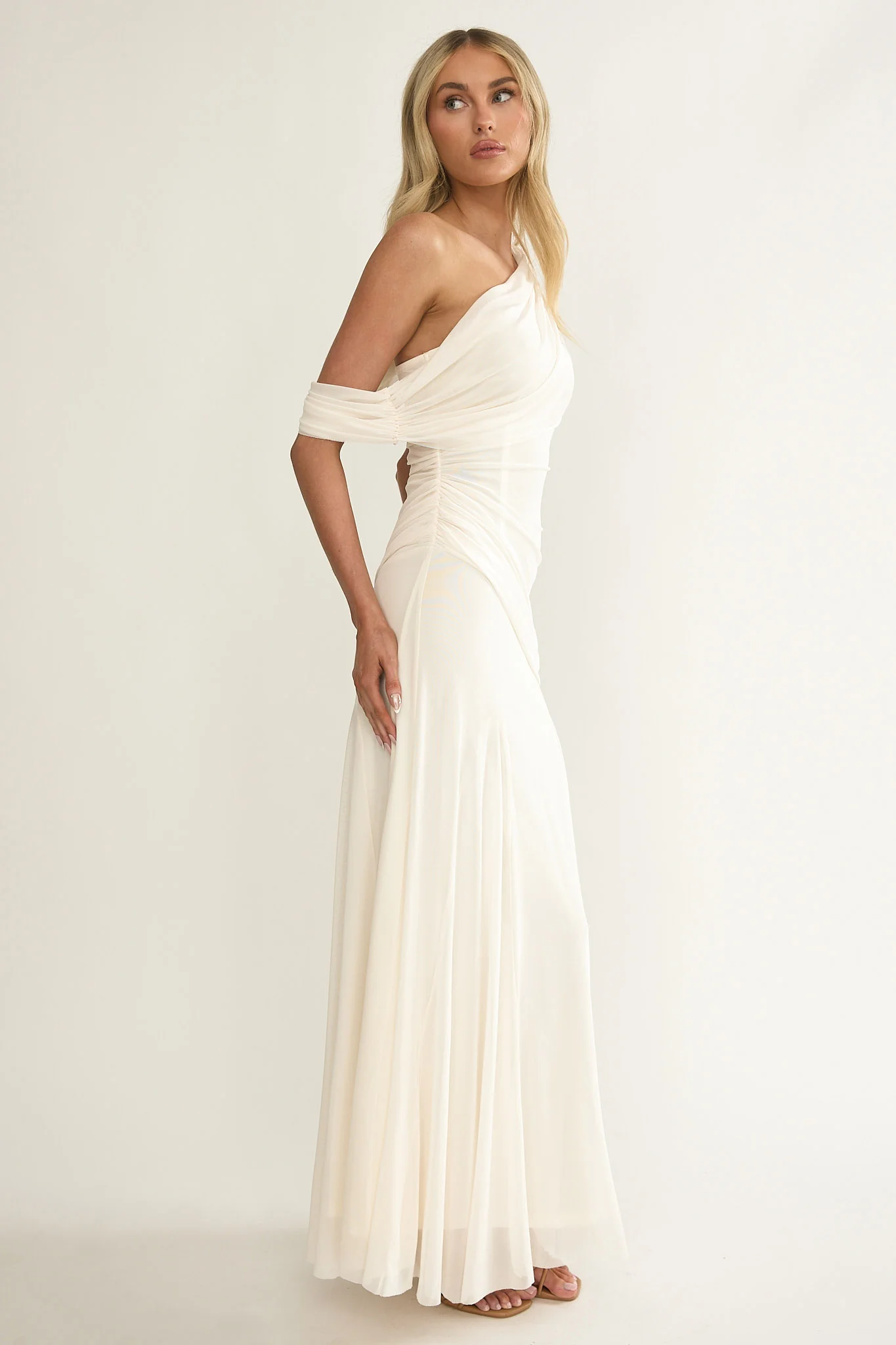 Anaisa Asymmetric Neckline Draped Maxi Dress Oyster