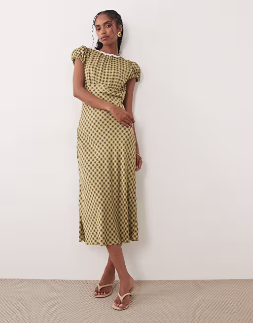Nobody's Child Marianna scoop neck puff sleeve lace trim midi day dress in green gingham