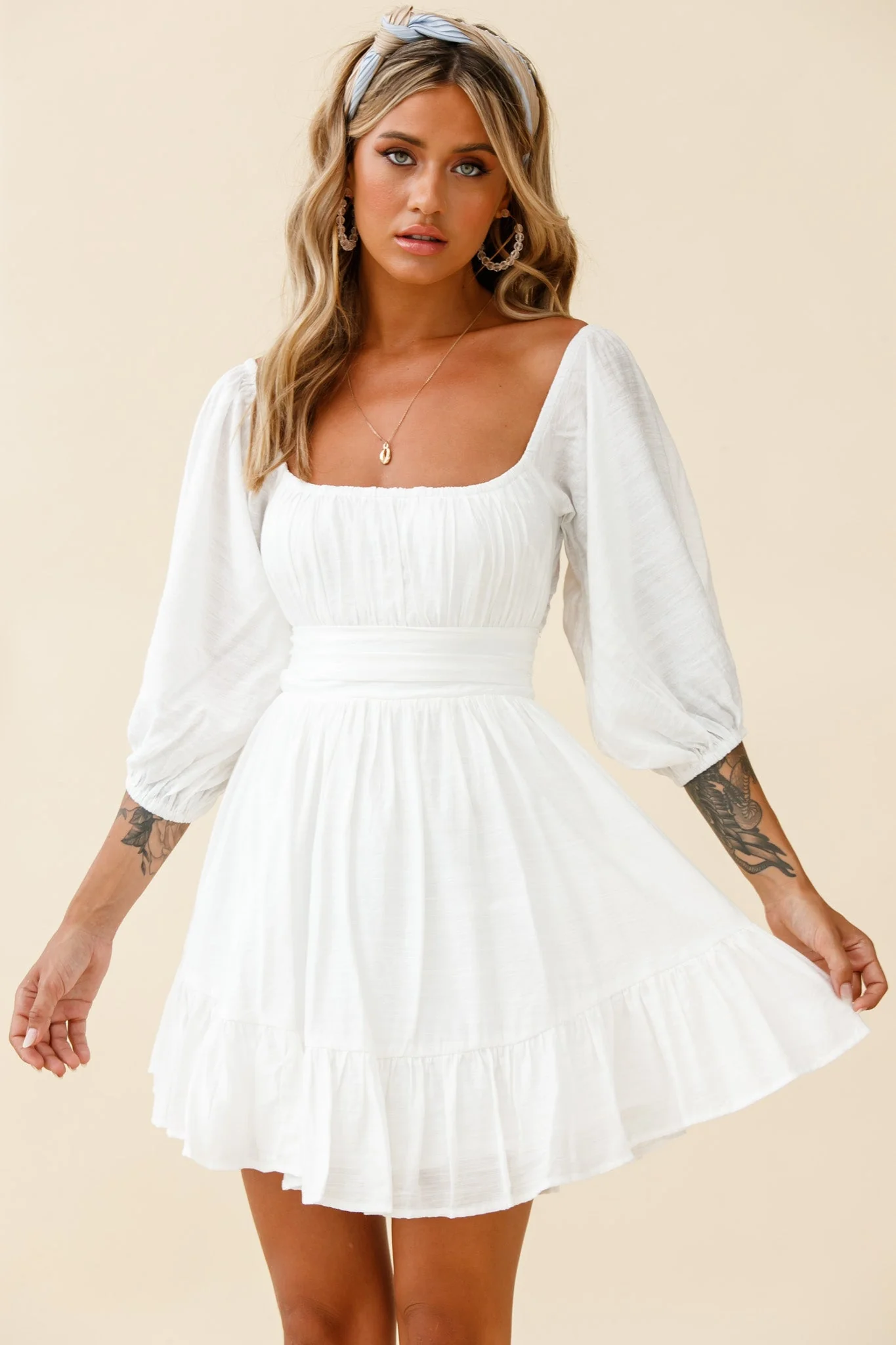 Abby Off-Shoulder Tie-Up Back Dress White - luluinthesky