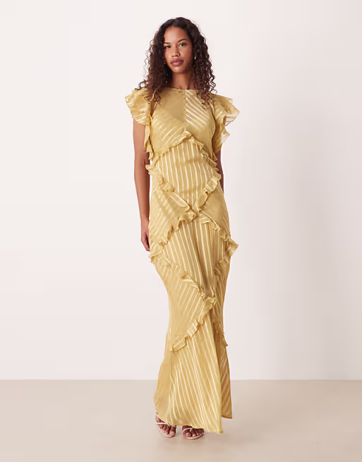 maxi dress with frill body detailing in yellow stripes