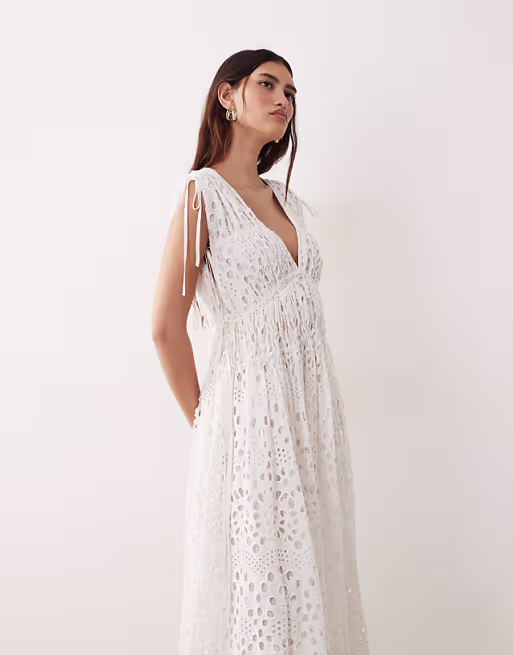 ARRANGE broderie drawstring detail trapeze maxi dress in white