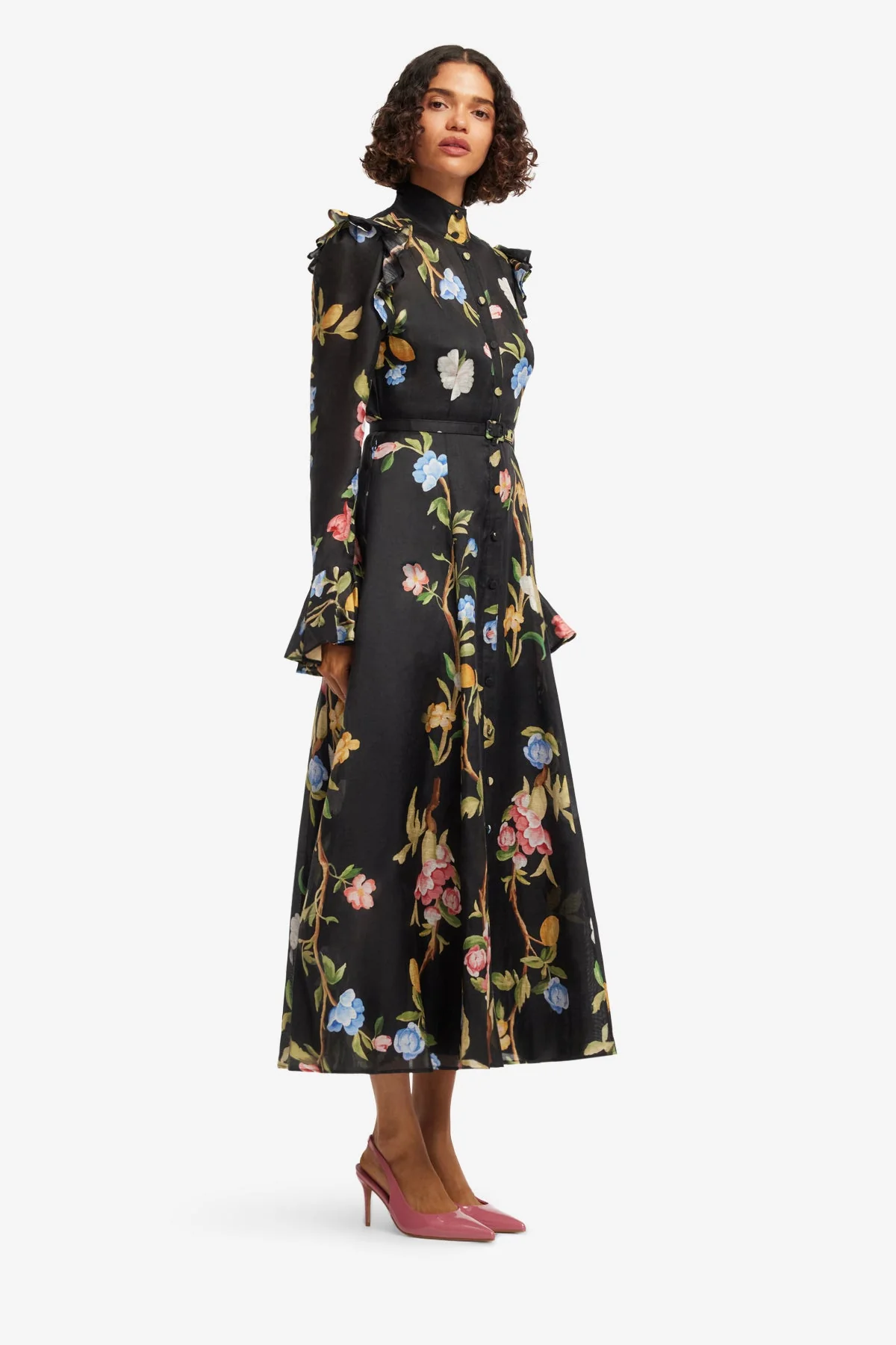 Katrina Butterfly Sleeve Midi Dress - Lemon Vine Print in Ebony