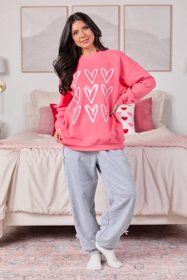Sketched Hearts Light Red Graphic Sweatshirt