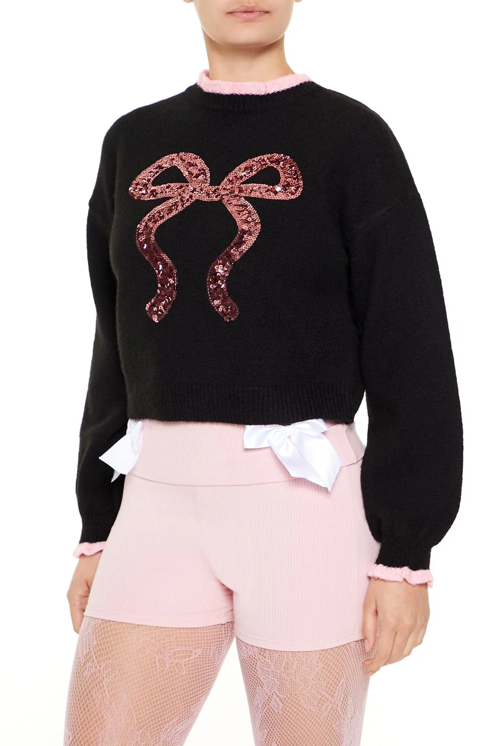 Sequin Bow Mock Neck Sweater